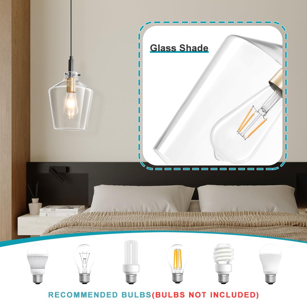 Vaziden Modern Glass Pendant Lighting For Kitchen Island, Farmhouse Black And Gold Pendant Light Fixtures 1 Pack, Adjustable Han