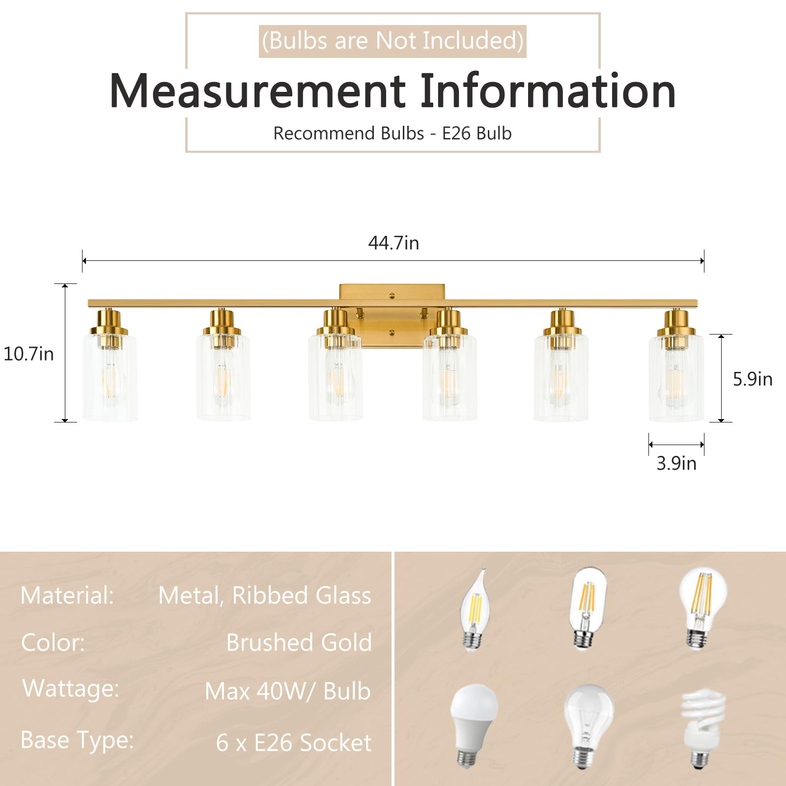 Jonsi 6-Light Brushed Gold Bathroom Vanity Light Fixture with Glass Shade, 44.7 Inch, E26 Wall Sconces for Bathroom, Living Room, Hallway