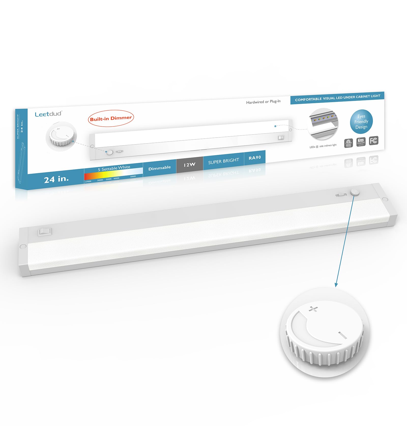 Leetdud LED Under Cabinet Lighting Built-in Dimmer Plug in or Hardwired,24 Inch 12W Dimmable 5 Color 2700K/3000K/3500K/4000K/500
