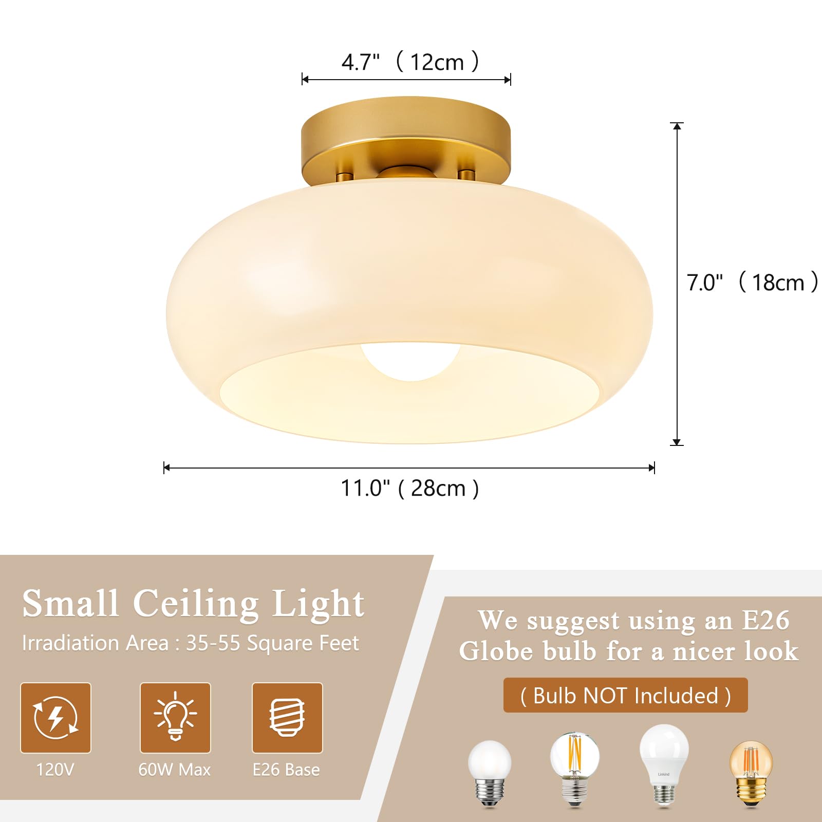 Mid-Century Modern Gold Semi Flush Mount Ceiling Light,White Glass Dome Hallway Lighting Fixtures, Metal Close To Ceiling Lamp F