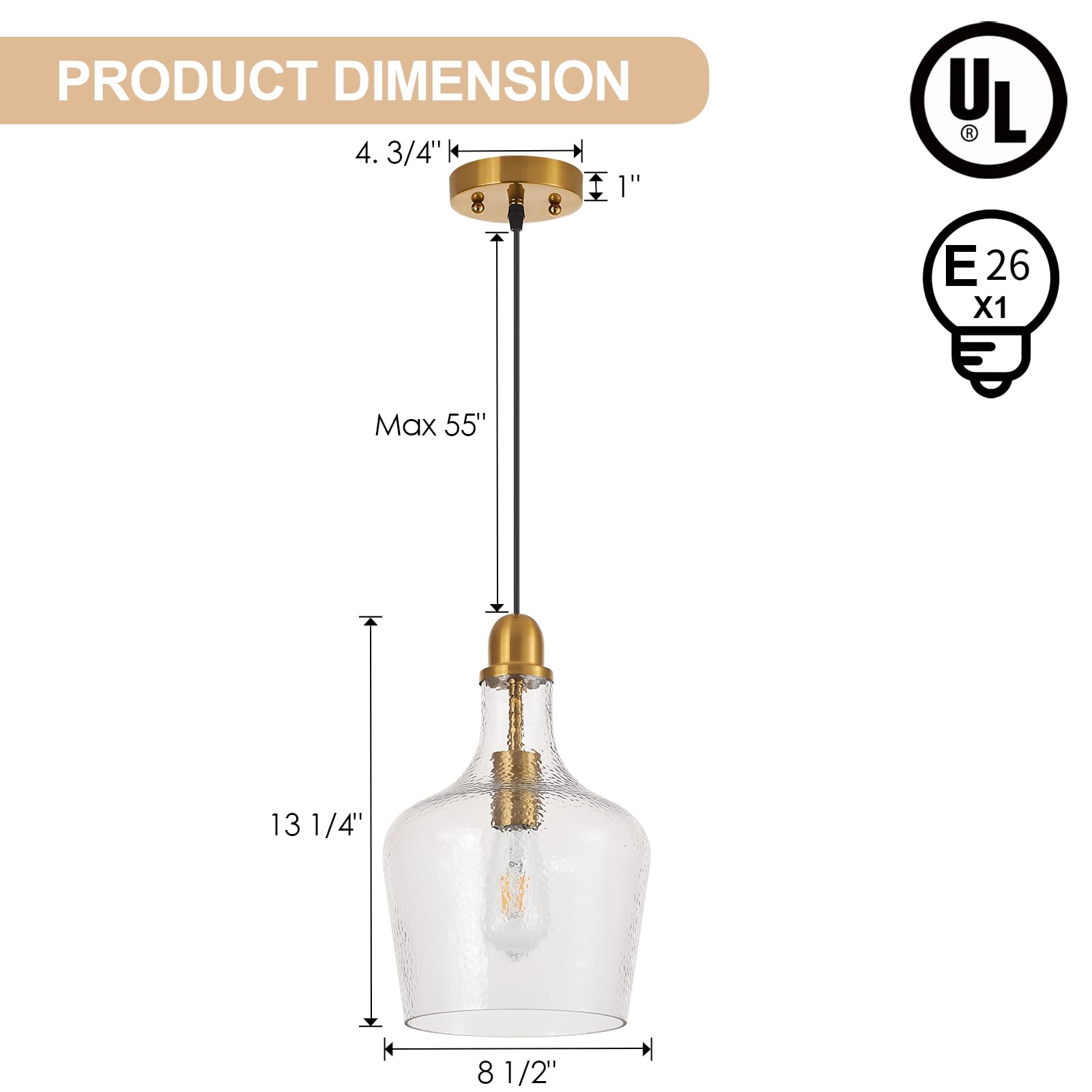 Elyccupa Glass Pendant Light Modern Brass 1 Light Single Dome Pendant Lighting Fixtures For Kitchen Island Dining Room Hallway,