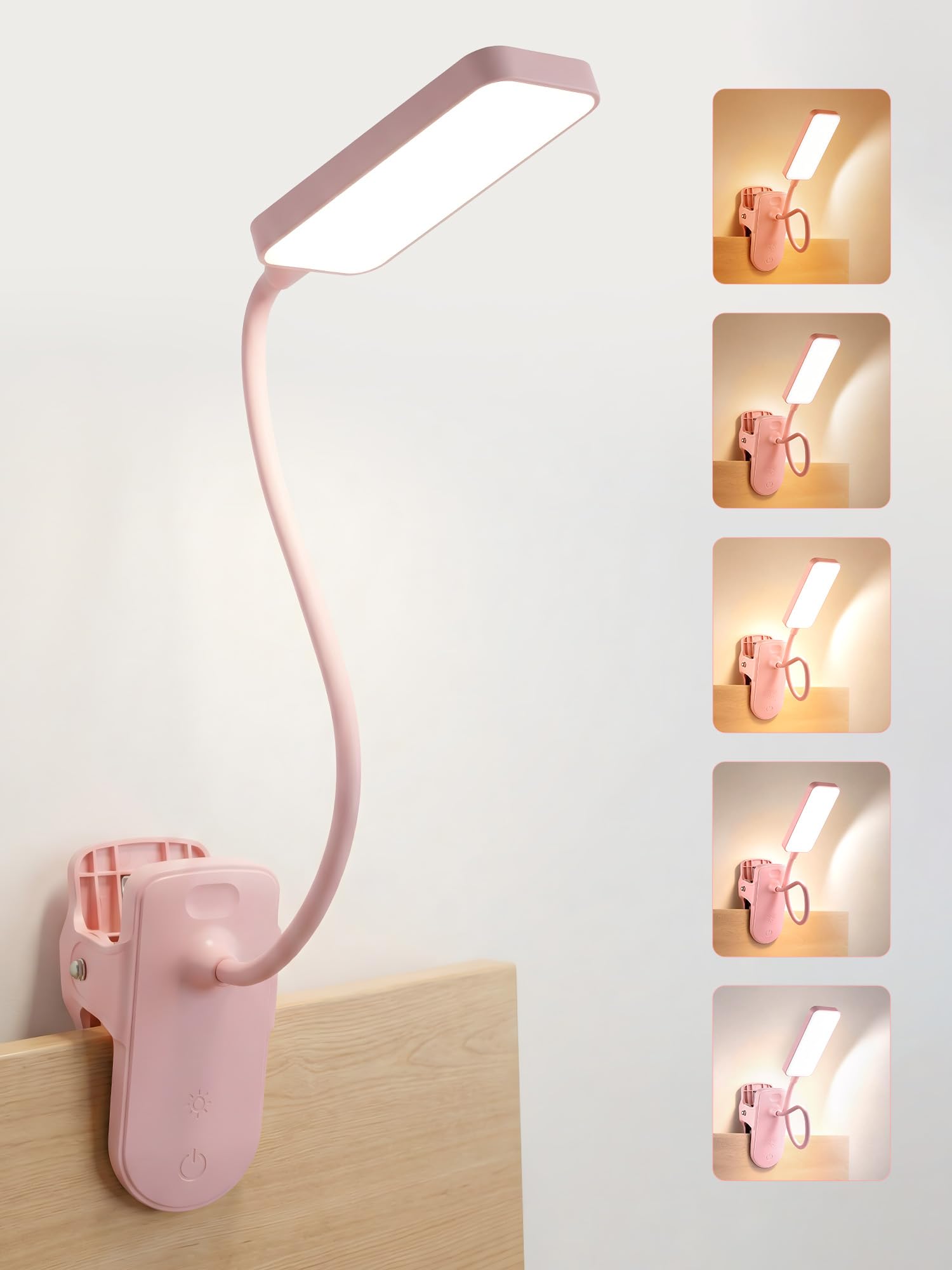Pink Desk Lamp for Girls Bedroom,9 Brightness+5 Color Clip on Light,4000mAh Battery Rechargeable Desk Lamp Cute Lamp for Kids Ro