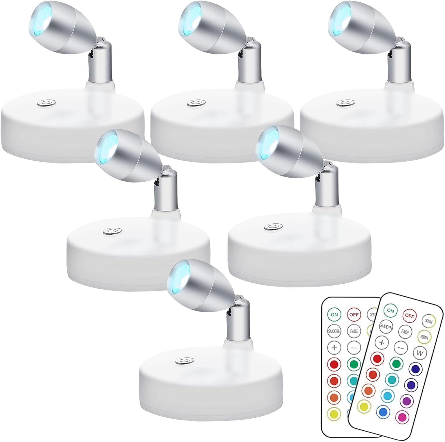 Kindeep Rgb Wireless Led Puck Light, 4000K Warm White, Battery Operated, Remote Control, 6 Pack, Silver, Model Lsl001