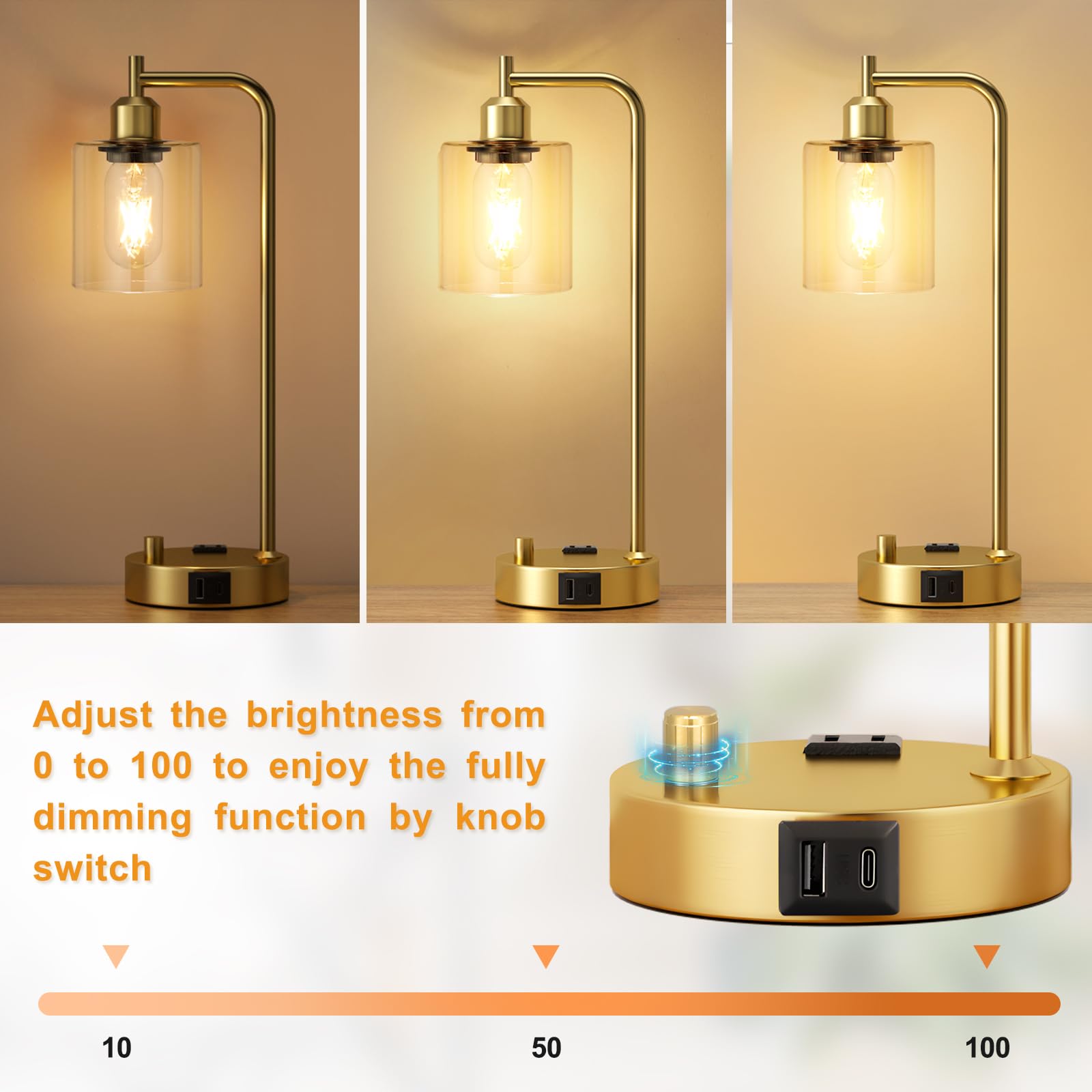 Industrial Table Lamps For Bedroom Set Of 2 - Fully Dimmable Bedside Lamps With Usb Ports And Outlet, Gold Nightstand Lamps With