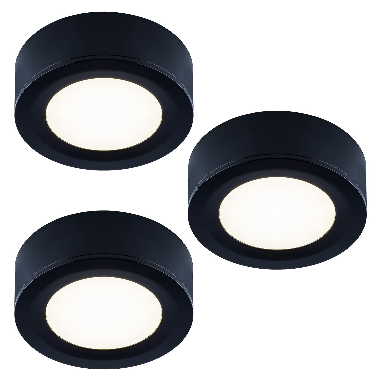 LUMILAND Wired LED Puck Lights, Warm White 3000K, Plastic, Surface/Recess Mount, Black, Model GD1103