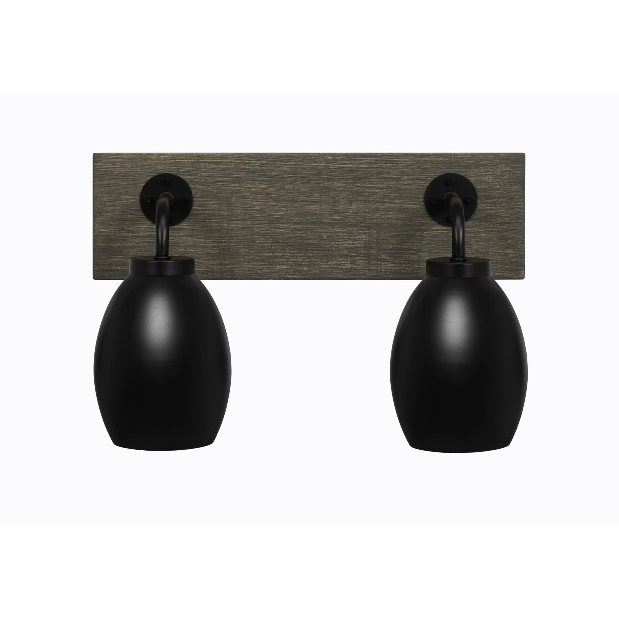 Oxbridge 2 Light Bath Bar In Matte Black & Painted Distressed Wood-Look Metal Finish With 5" Matte Black Oval Metal Shades