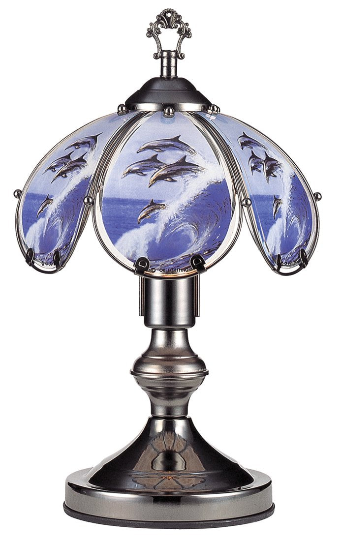 Ok Lighting 14&quot; Touch Lamp - Black Chrome Dolphin & Waves Design, Metal Accent