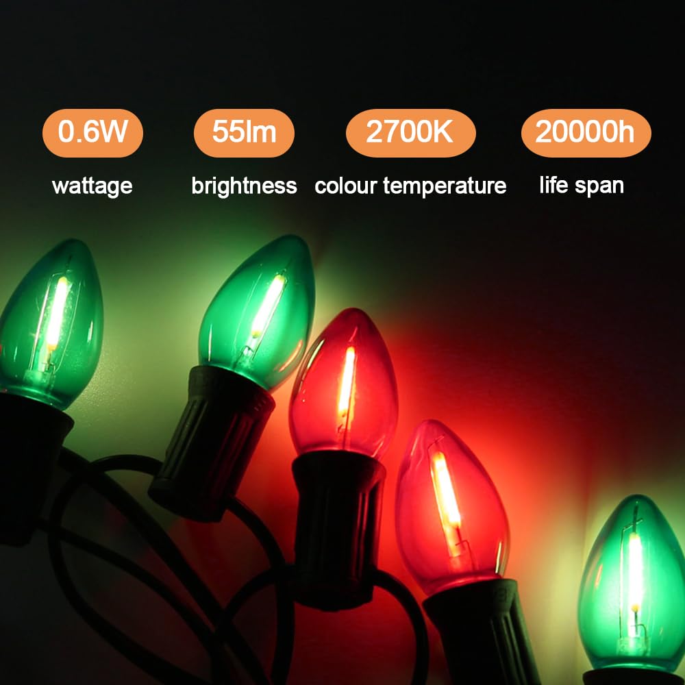 NETEHA C7 LED Light Bulbs - 25 Pack Waterproof Red and Green E12 Base for Christmas Outdoor String Lights