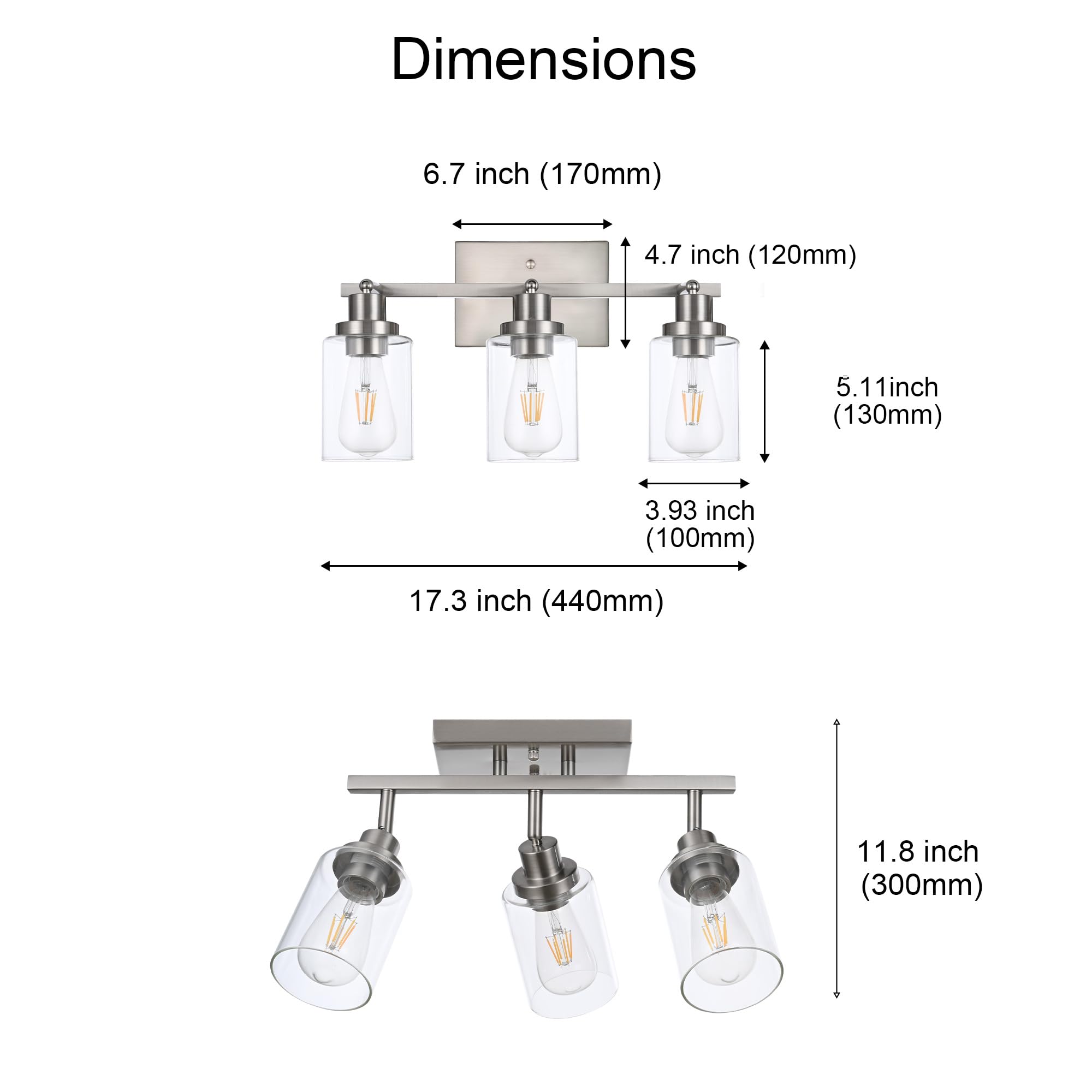 Wanluce 3 Light Track Lighting Kit Brushed Nickel Kitchen Track Lighting Fixtures Ceiling Mount Bathroom Vanity Wall Scones Light Fixture With Clear Glass  Rotatable Spotlight For Kitchen Shop Hallway