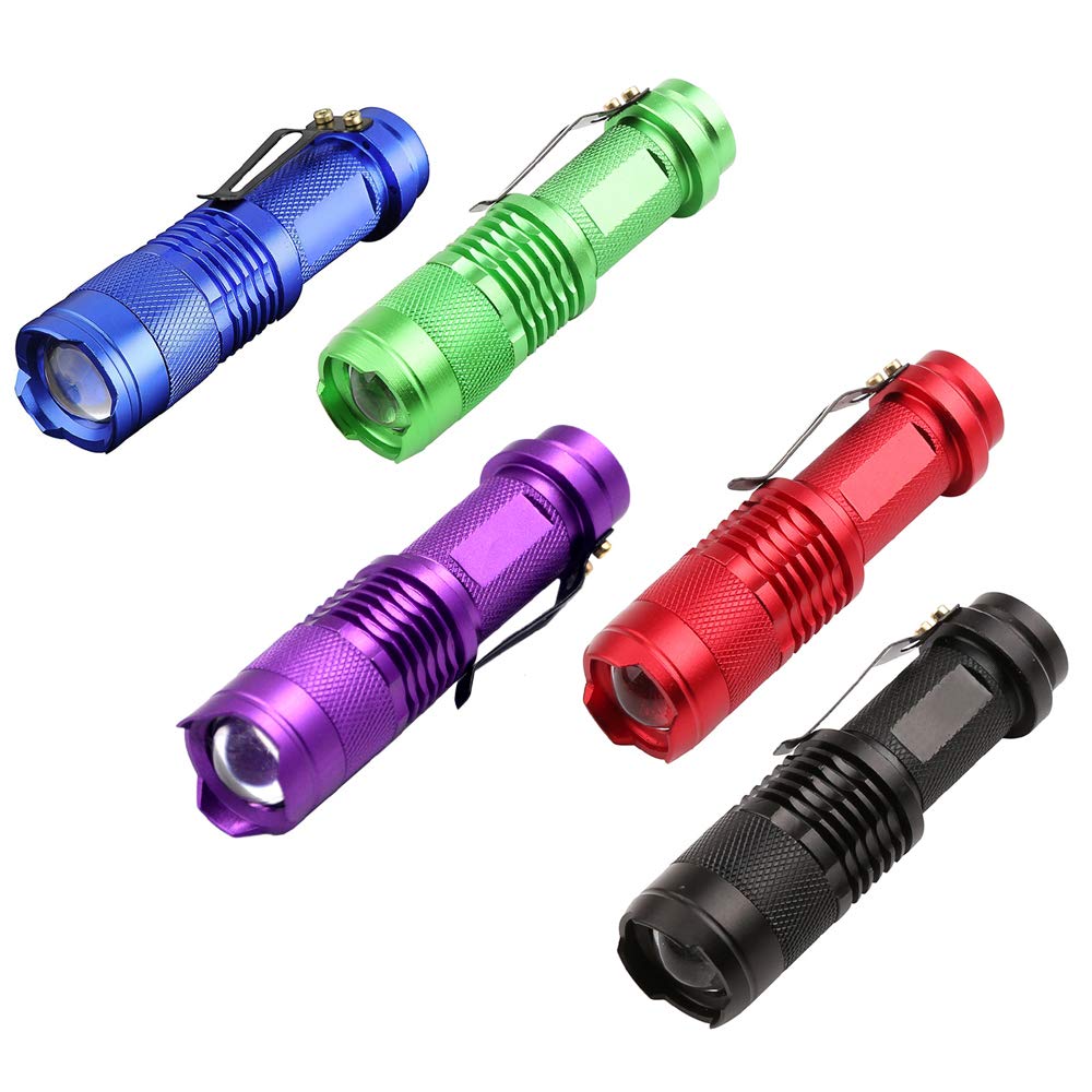 WAYLLSHINE 3-Mode Flashlight Pack of 5 - Red, Green, Blue, UV & White LED Lights, Model SK68-ColorLight-3M-5P-Multi