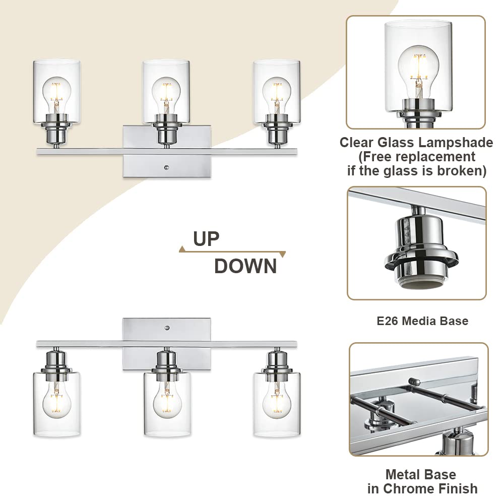 VINLUZ 3 Light Wall Light Fixture - Chrome Finish, Clear Glass Shade, Wall Mounted Lamp for Bathroom and Hallway