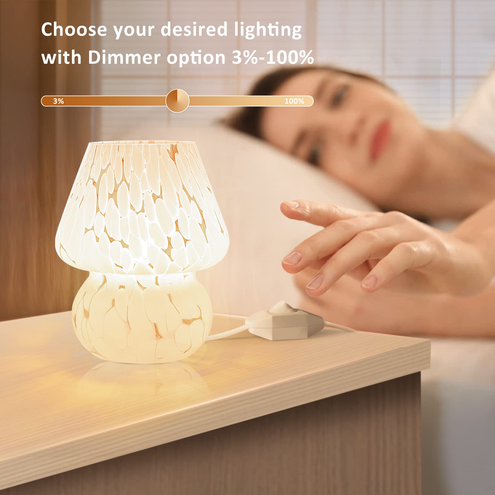 Onewish Mushroom Lamp Small Bedside Table Lamp-Nightstand Nightlight Dimmable Stepless, Translucent Glass White Desk Lamp For Be