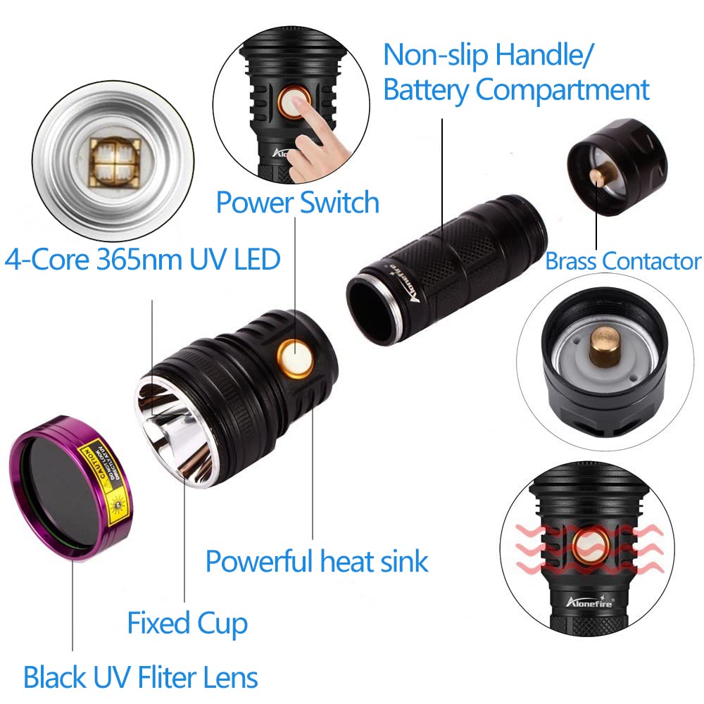 ALONEFIRE SV18 UV Flashlight 12W 365nm USB C Rechargeable Black, Aluminum, for Pet Urine Detection, Fishing, Scorpion, Bed Bug