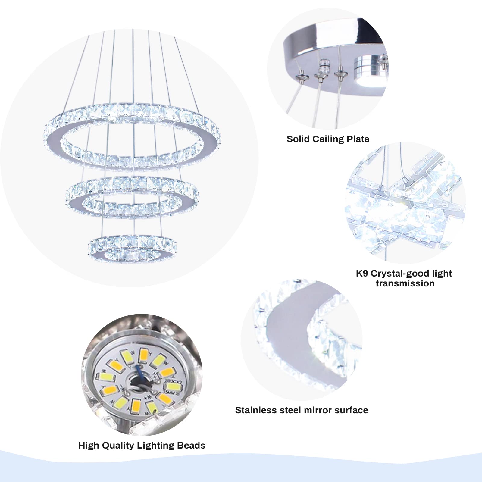 Cainjiazh Modern Crystal LED Chandelier, 3 Rings Round Design, Adjustable Stainless Steel, 234Round-3 Colors