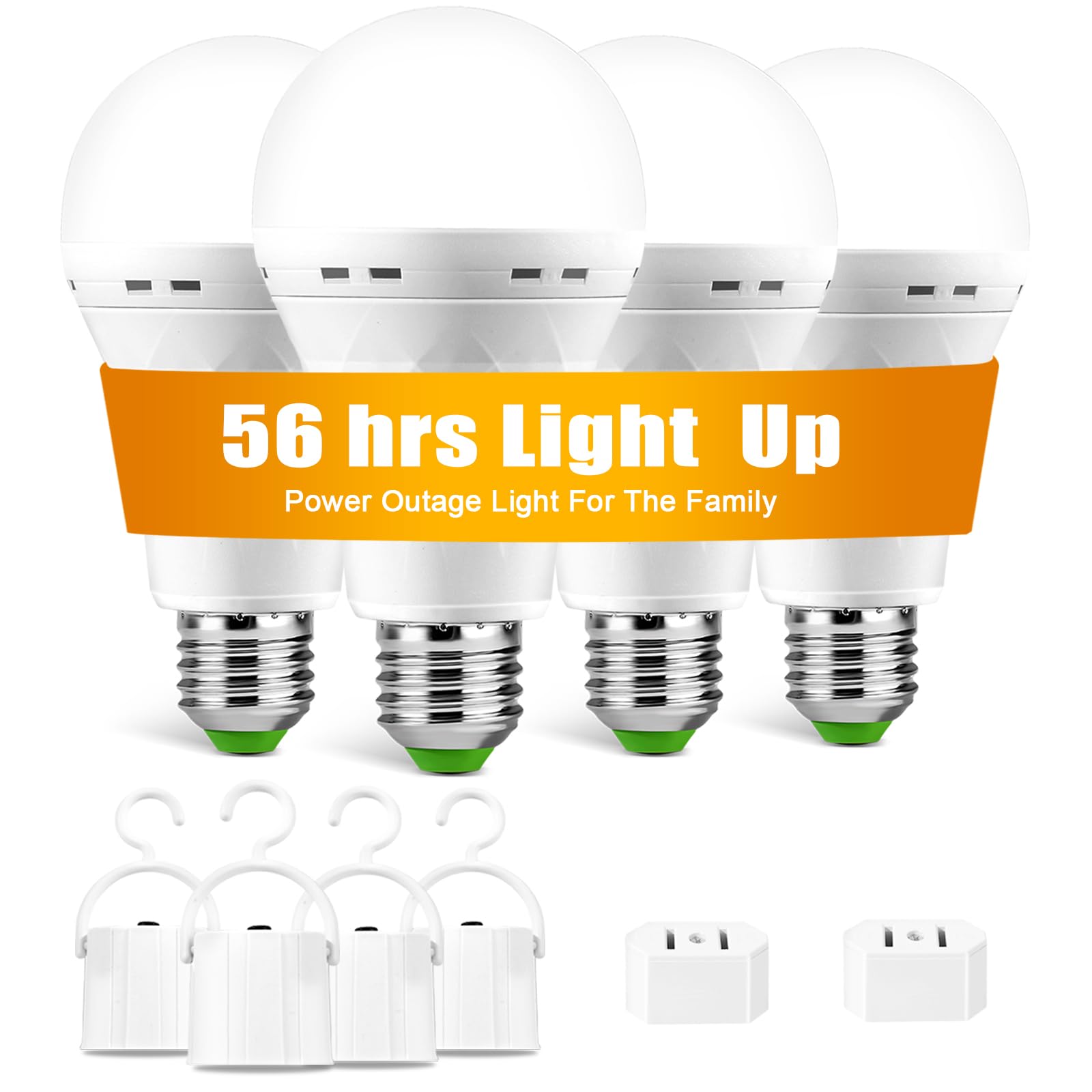 TFOI Rechargeable LED Light Bulbs, 1500mAh Battery Backup, 56 hrs Runtime, E26 Base, Daylight, 4 Pack, Plastic, White
