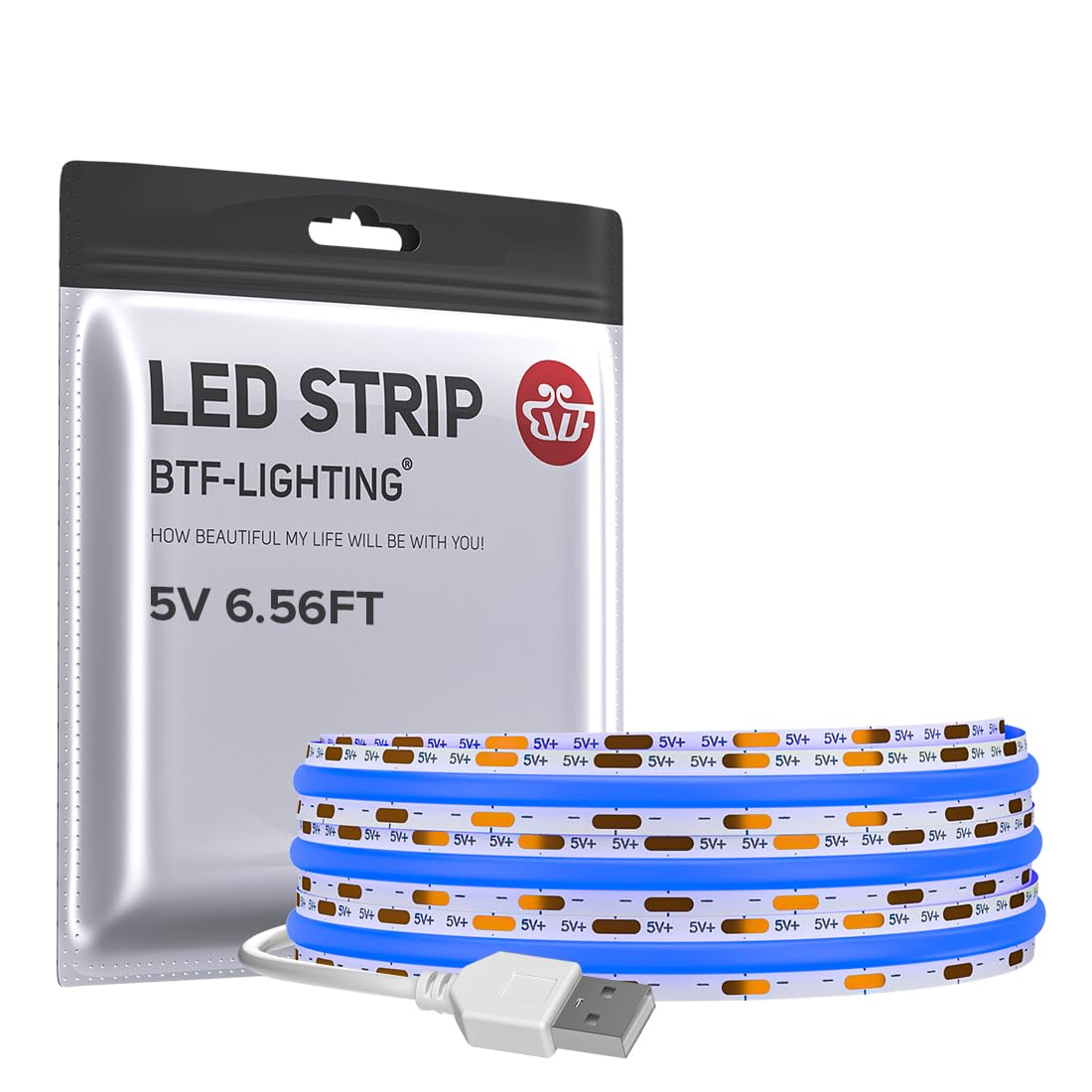 Btf-Lighting Fcob Usb Powered Blue Color Cob Led Strip Lights 6.56Ft 640Leds 5V 8Mm Width 90+ High Cri Ultra Bright Flexible Light For 3D Printer Tv Backlight Display Cabinet Pc Diy Decor