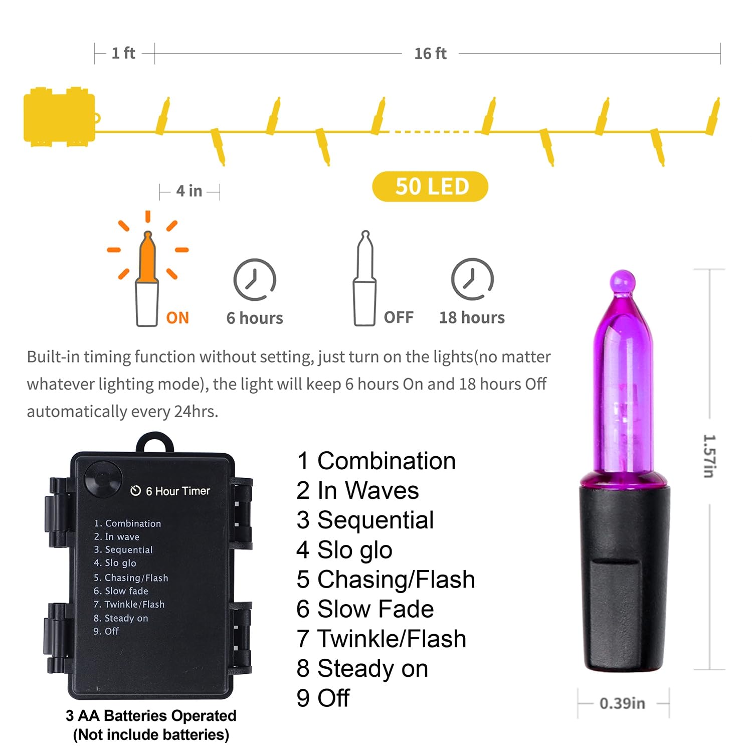 WATERGLIDE 50 LED Outdoor Halloween String Lights, 16 FT, 8 Modes, Waterproof, Battery Operated, Purple