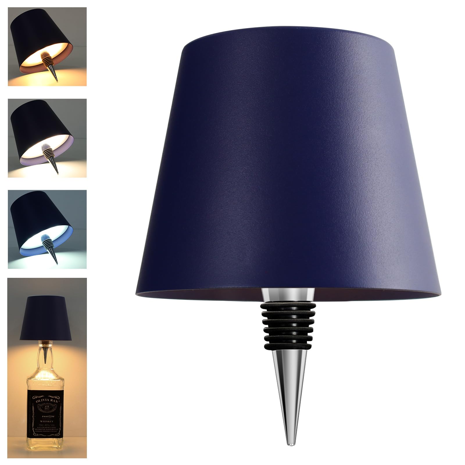Mebaraul Wine Bottle Lamp - 3 Color Rechargeable Wireless - Touch Dimming - 4.2 in - Royal Blue - Model 1063296