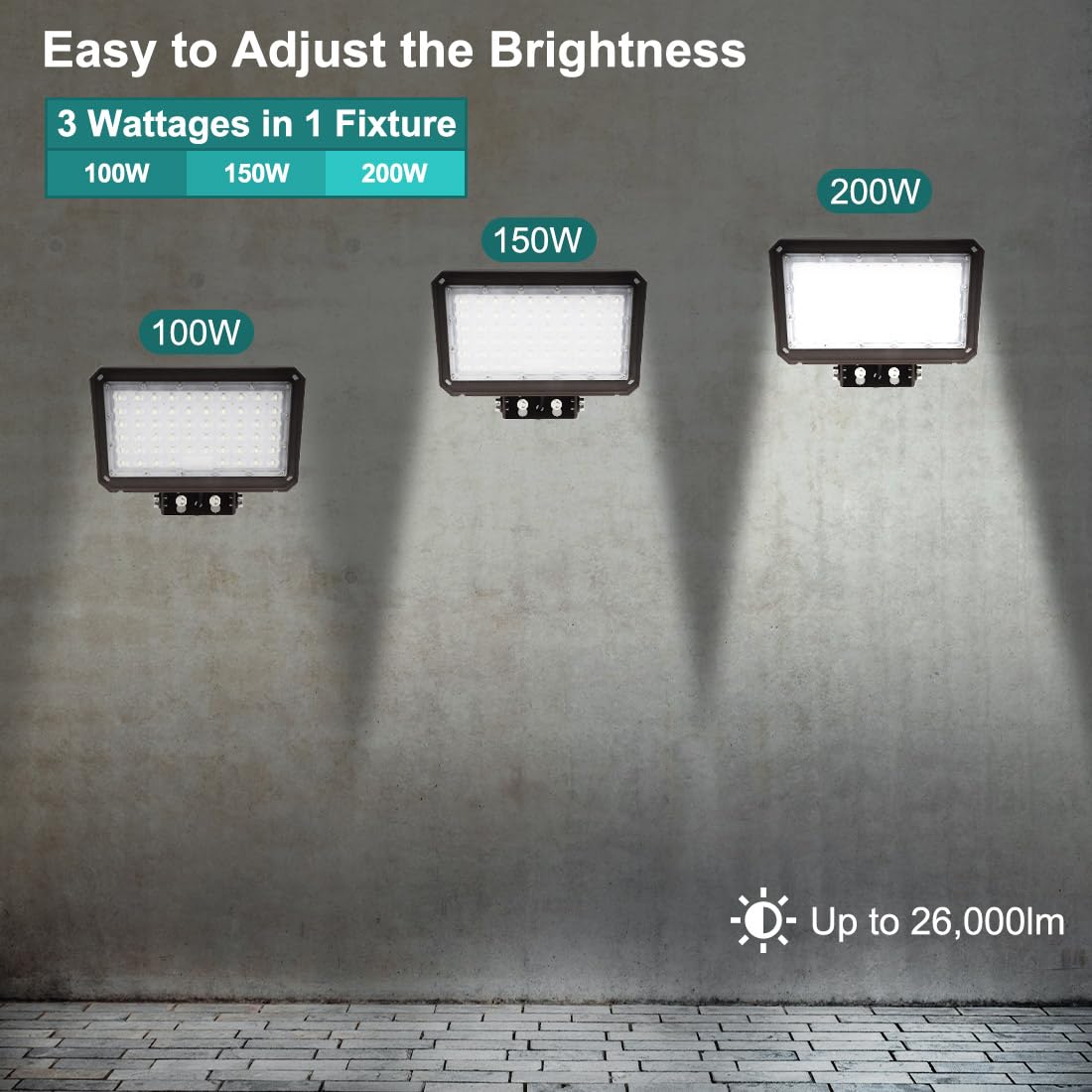 Kadision 200W LED Flood Light with Dusk-to-Dawn Photocell, 26000lm, IP65 Waterproof, Yoke Mount, Brown Finish, Model PL01-200WA-