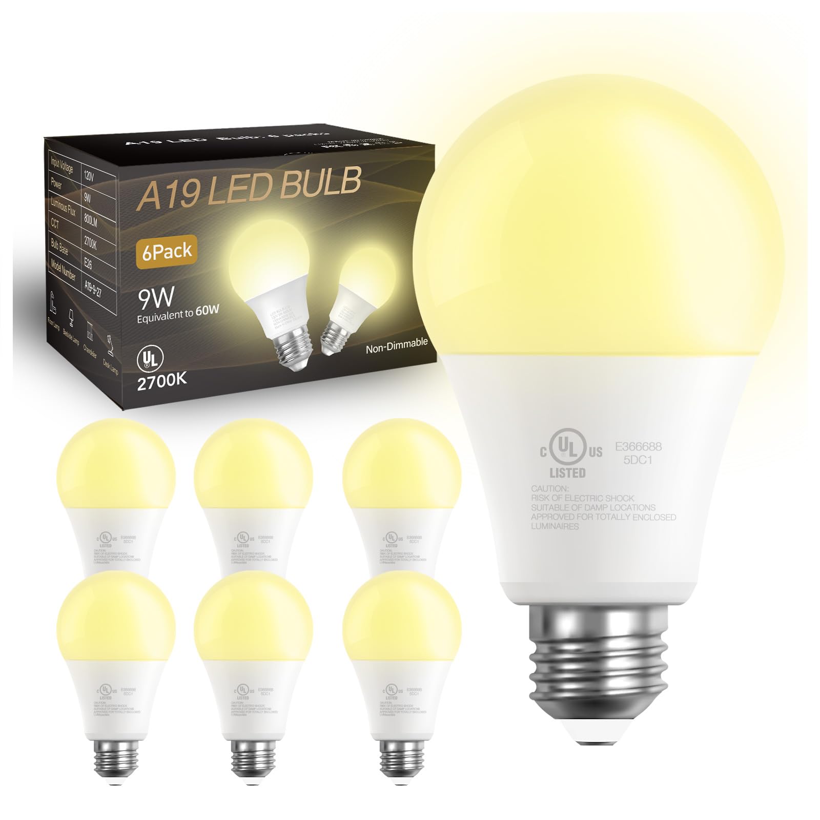 Daybetter 6 Pack A19 Led Light Bulbs, 60 Watt Equivalent Led Bulbs, Long Lifespan High Brightness 800Lm Warm White 2700K, E26 St
