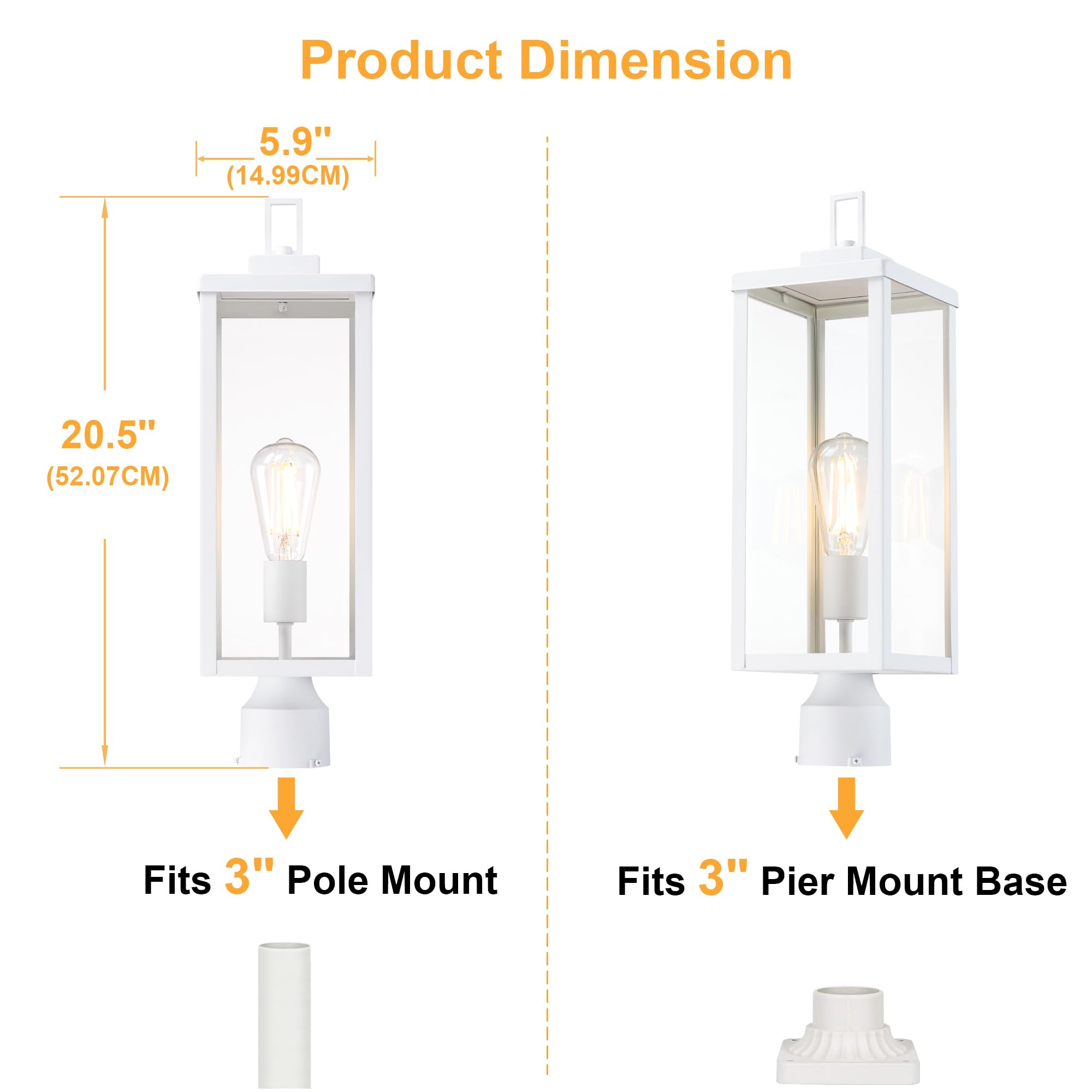 GRUENLICH Outdoor Lamp Post Light Fixtures, Exterior Pole Lantern with Tempered Glass, 20 Inch Fence Post Lighting for Garden Ya
