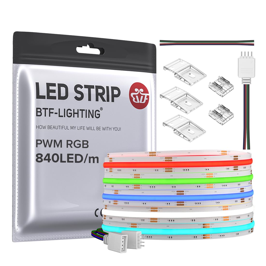 Btf-Lighting Fcob Cob Rgb Flexible High Density Uniform Light Led Strip 840Led/M 16.4Ft Dc24V 10Mm Width Color Changing Led Ribb