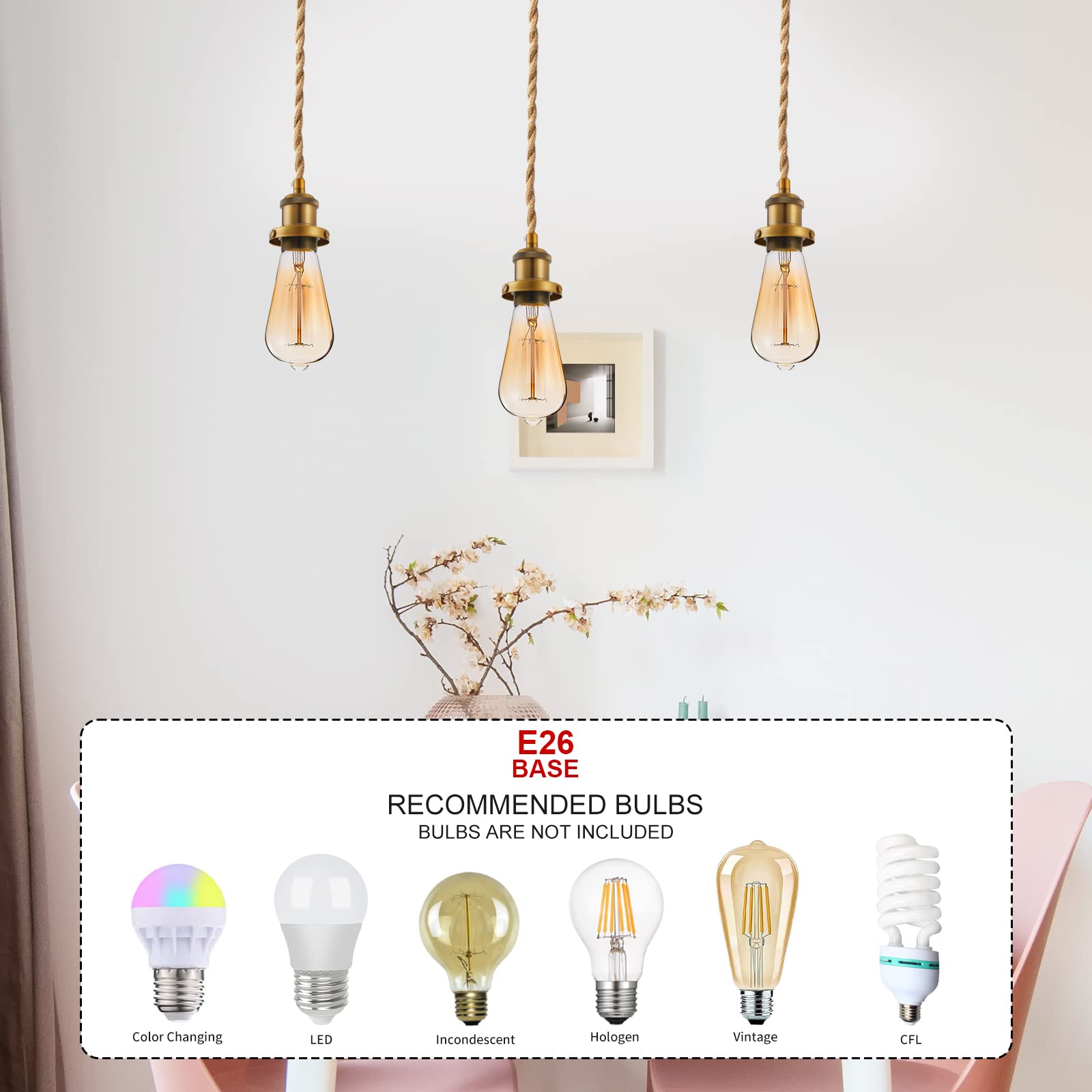 GNOLAK Pendant Light Cord Kit, 15.4ft Industrial E26 Socket, Hemp Rope, Pearl Black, Model CTMSTD, Plug-in with Switch