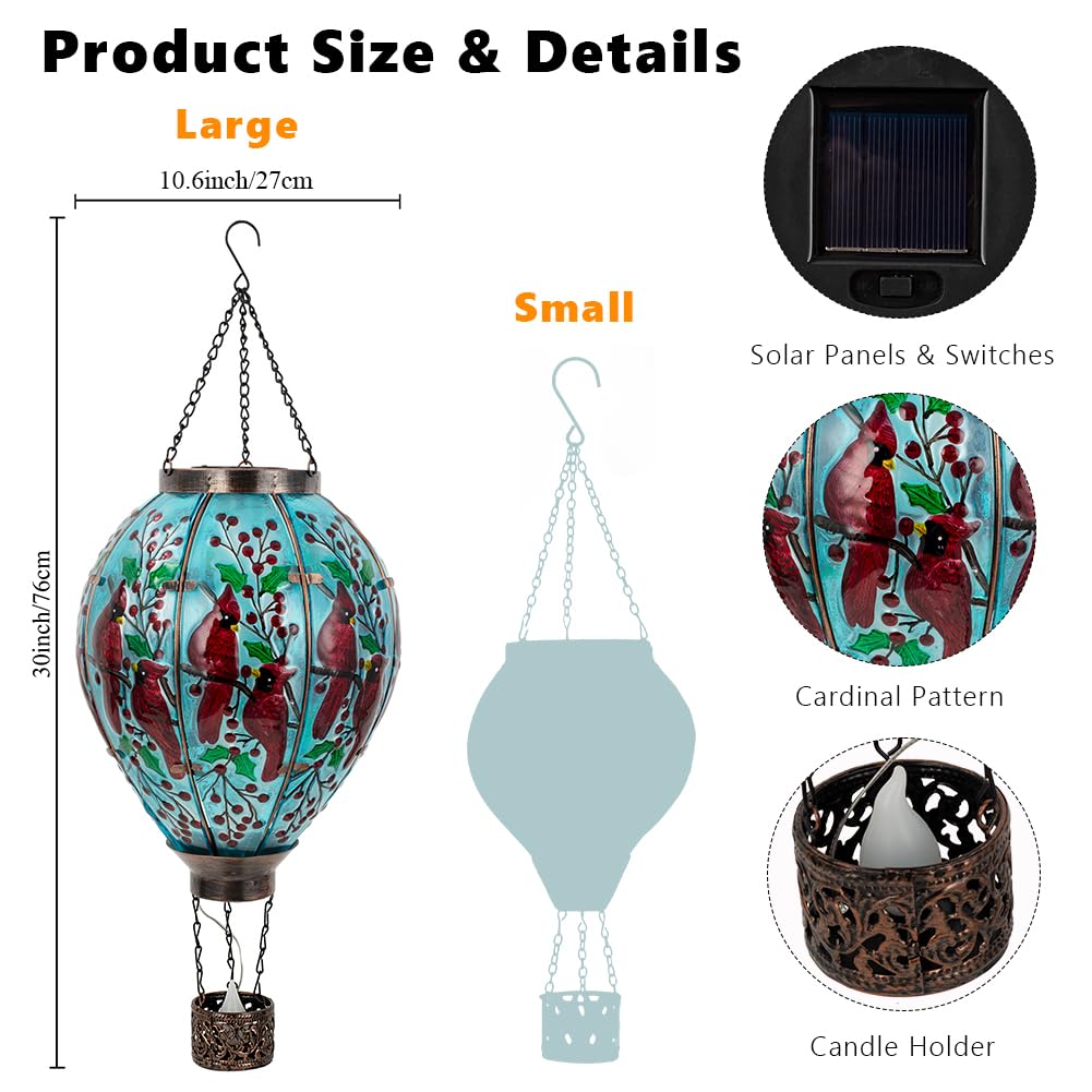 Dreamsoul Cardinal Large Solar Hot Air Balloon Lantern With Flame, Glass Hanging Solar Lanterns Outdoor Waterproof For Garden Ya