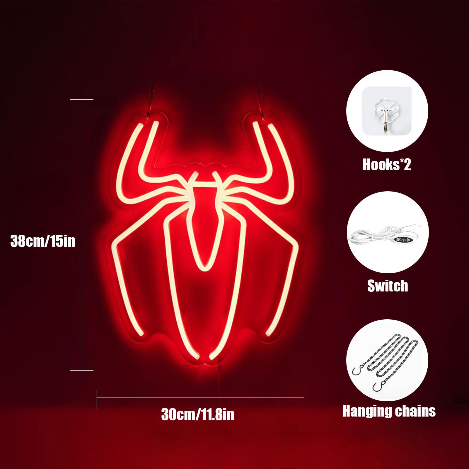 Spider Anime Room Decor Neon Sign - 3 Brightness Adjustments Usb Powered Cute Spider Lamp For Boys Bedroom Wall Night Light, Happy Birthday Gift For Kids, Halloween Decoration (Red)