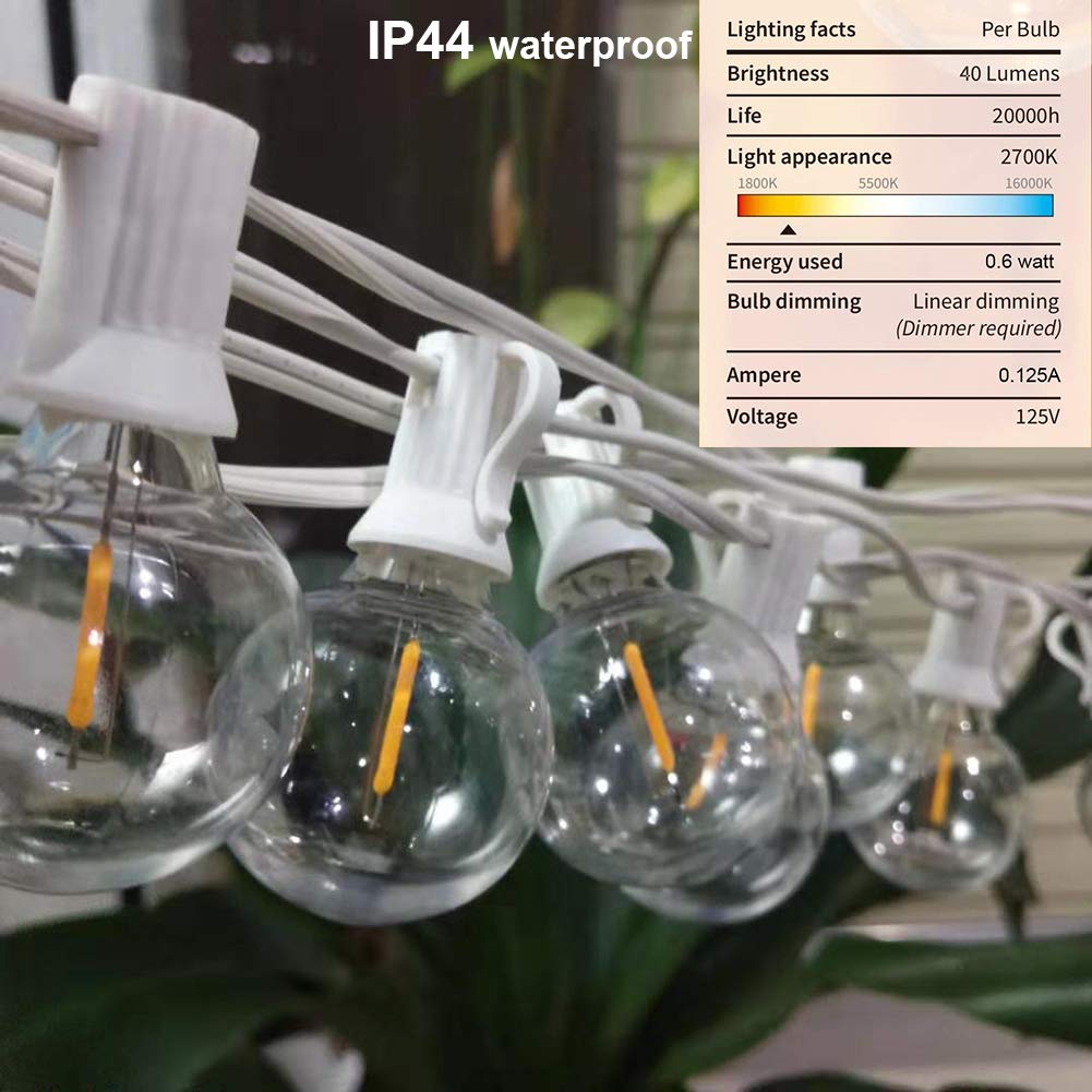 Couah 25Ft LED String Lights, G40 Clear Globe Bulbs, Shatterproof, White Wire, Indoor/Outdoor Use