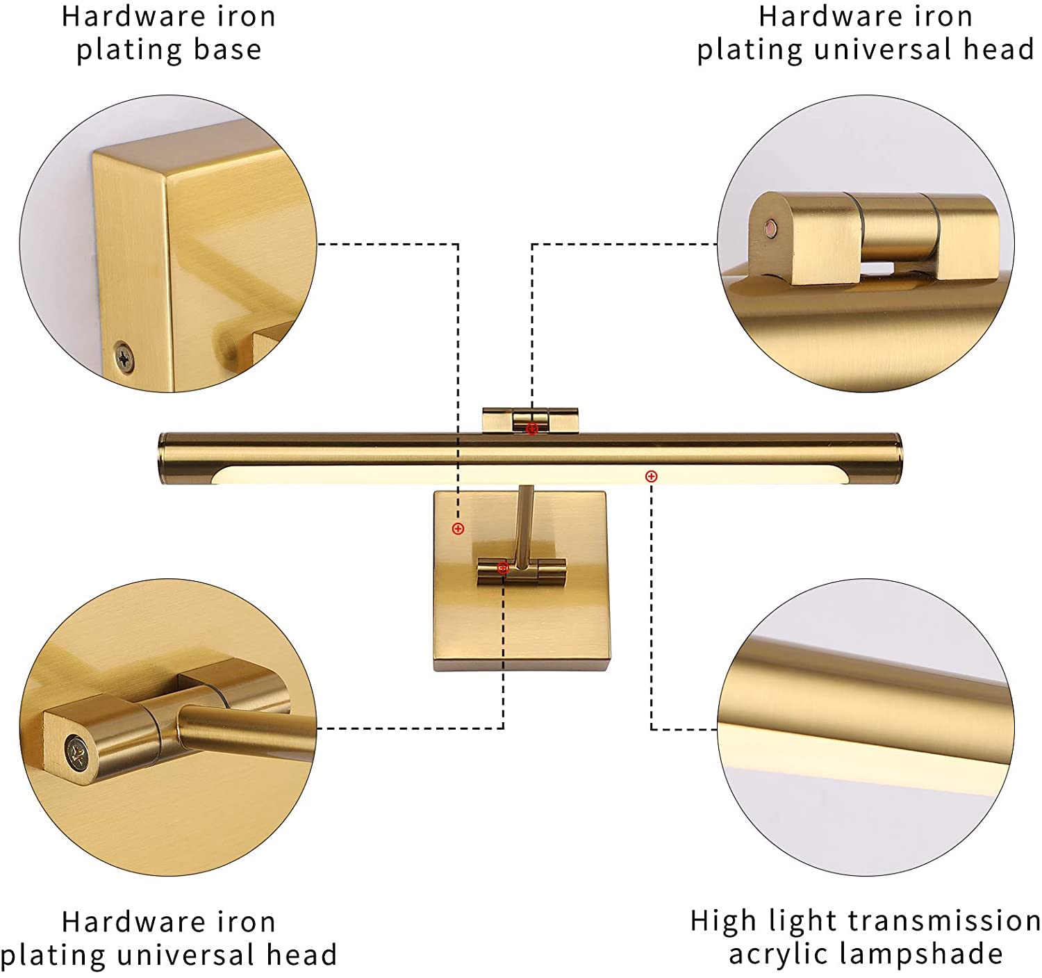 Joosenhouse LED Picture Light - 16.54" Dimmable Metal Lamp, Brass Finish, Hardwired, 9W (50W Eqv.), Modern Artwork Fixture