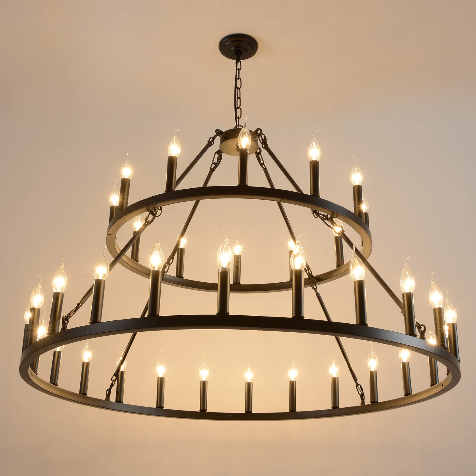 WOGON WEEL Wagon Wheel Chandelier 2 Tier 36-Light 48-inch, Black Farmhouse Industrial Chandelier Rustic Candle Pendant Light Ext