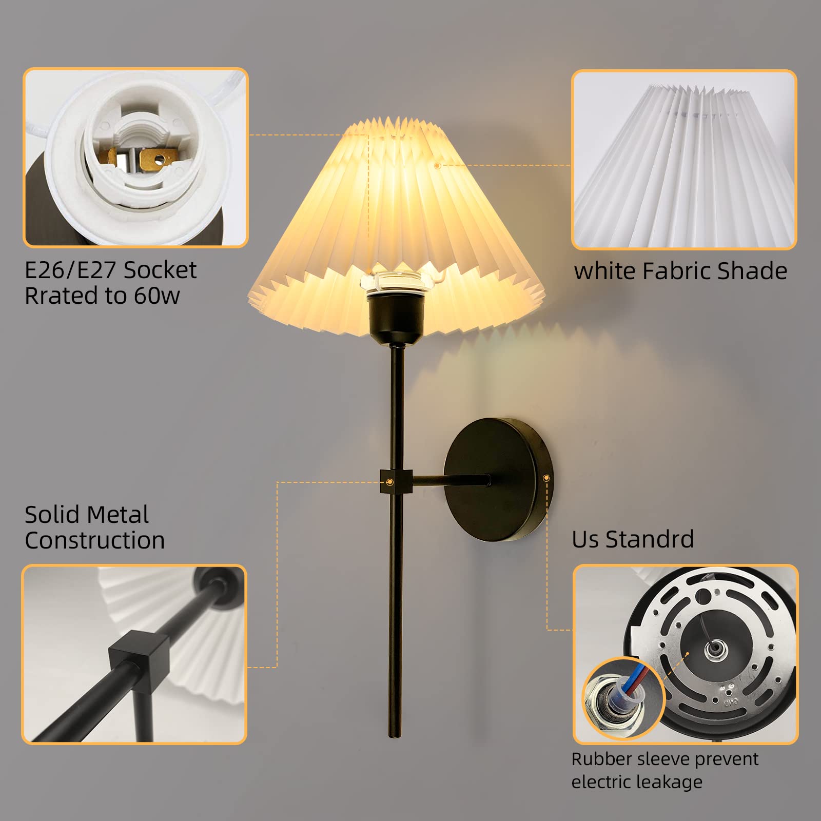 Wall Sconces Sets Of 2, White Pleated Fabric Lampshade Matte Black Wall Lamp, Column Bracket Wall Lighting, Bathroom Dresser Hardwired Lamp Fixture, Applicable To Living Room, Bedroom And Dining Room