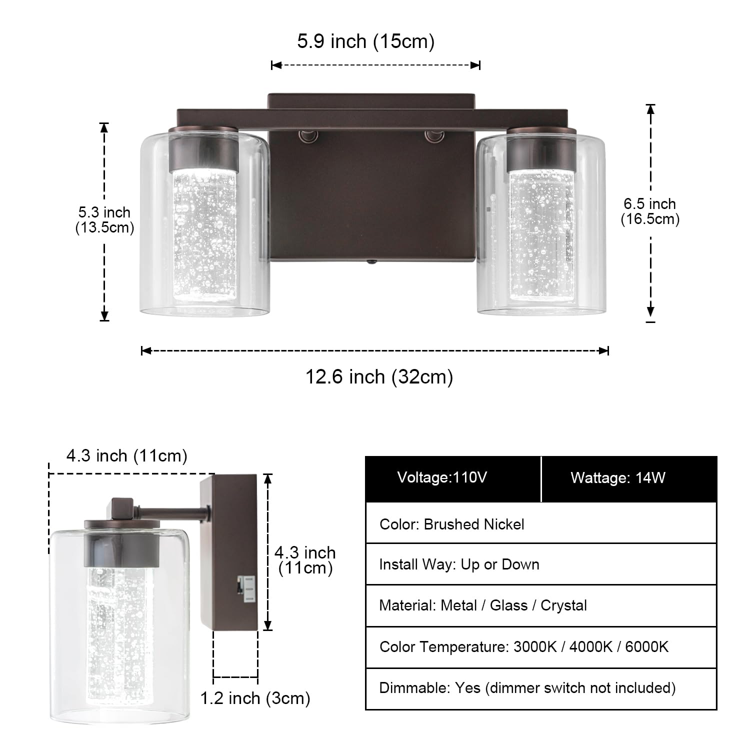 Sinerise 2-Light Bronze Vanity Light With 3 Color Modes (3000K/4000K/6000K), Eye Protection Led Bathroom Light Fixture, Dimmable