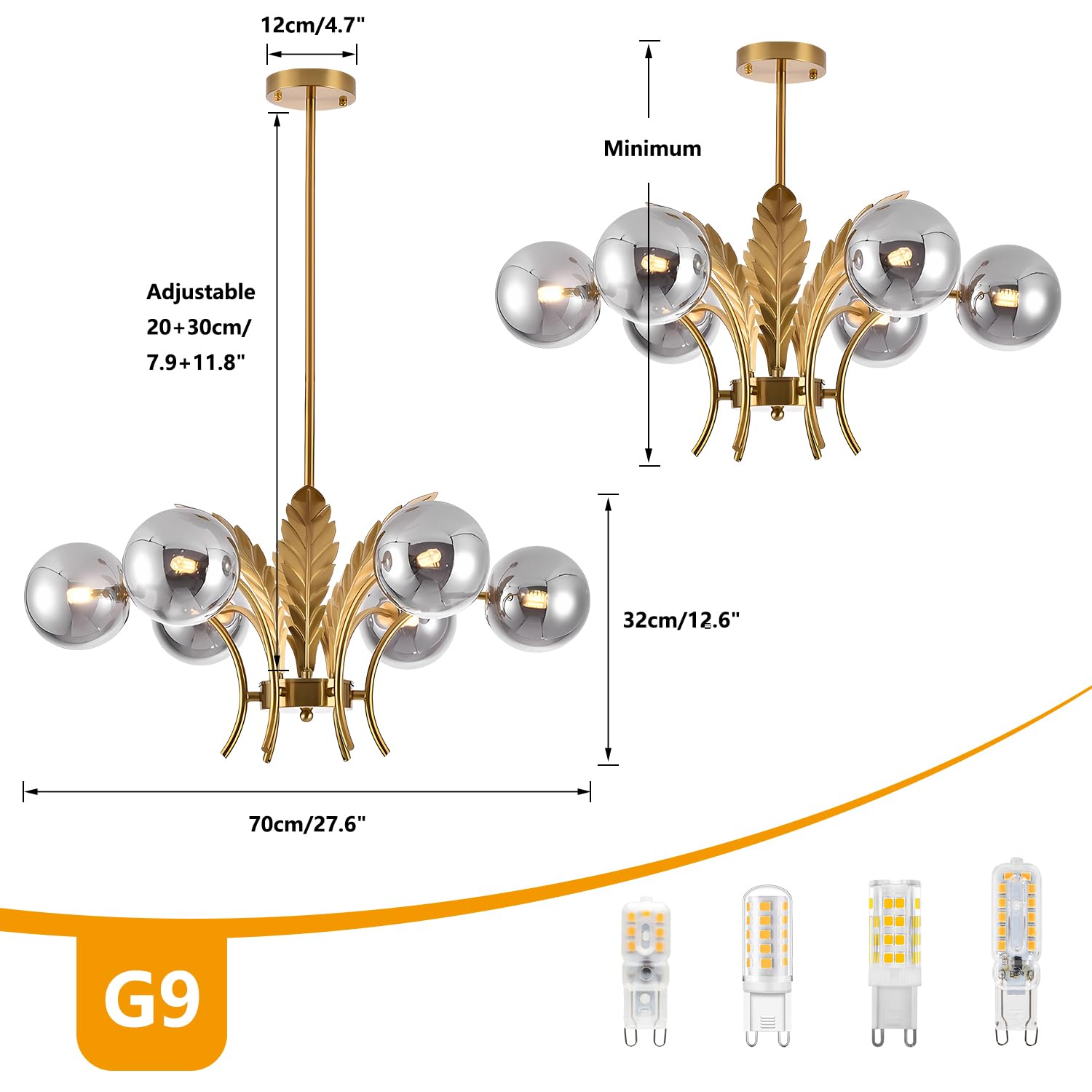 Bokt Gold Sputnik Chandelier Mid Century Smoky Gray Glass Chandelier Light Leaf 6-Light Adjustable Ceiling Hanging Light Fixture