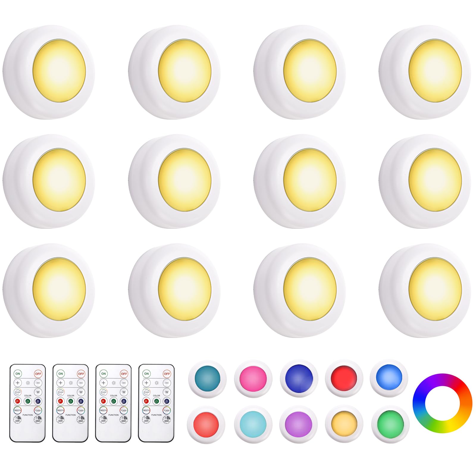 Hbaushun LED Puck Lights 12 Pack,16 Color Changeable Wireless LED Cabinet Lights,Battery Operated Night Light with Dimmer & Timm