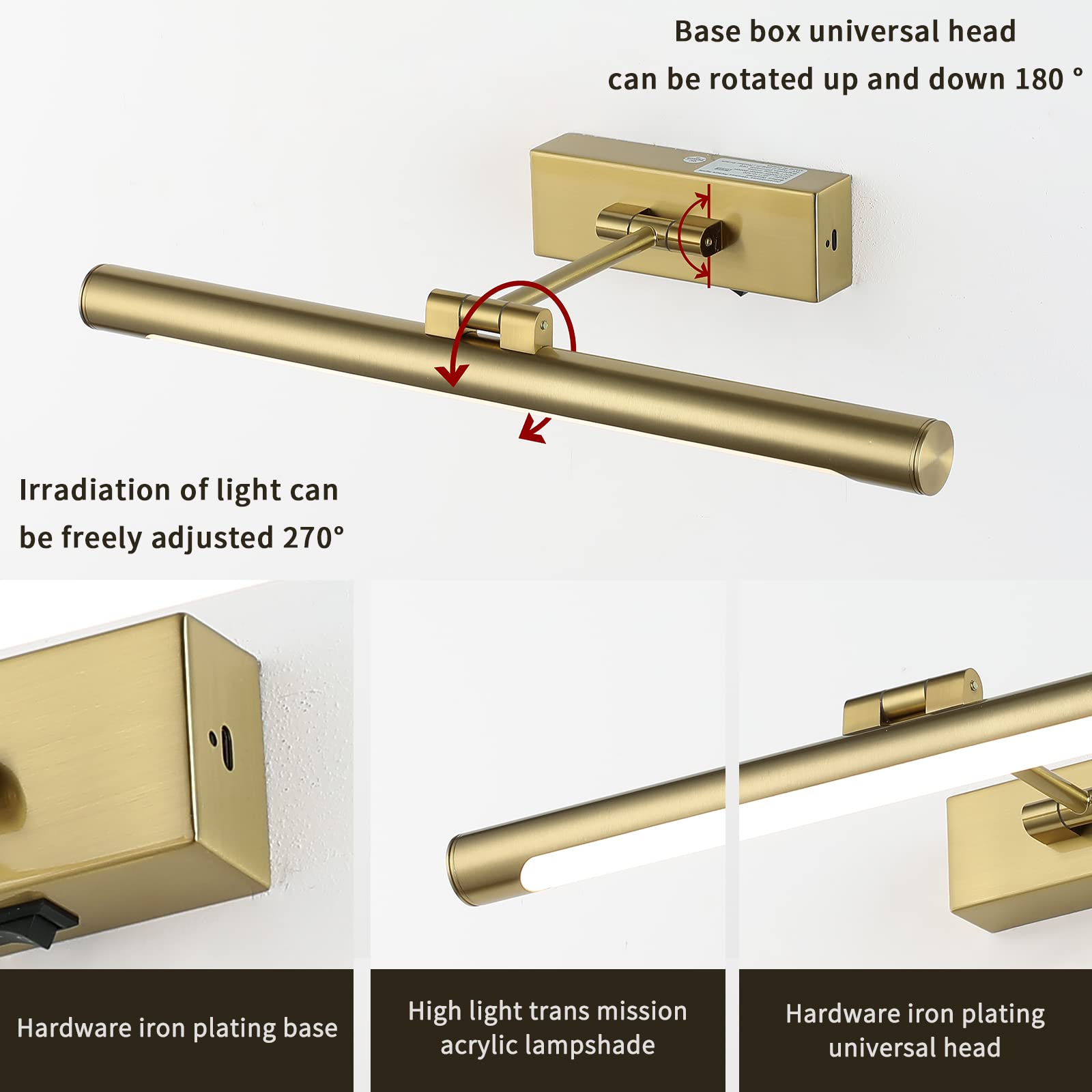 Joosenhouse Wireless Picture Light, Brass, 16.53in, Battery Operated, Dimmable, Remote Control, Model 7110-420-B