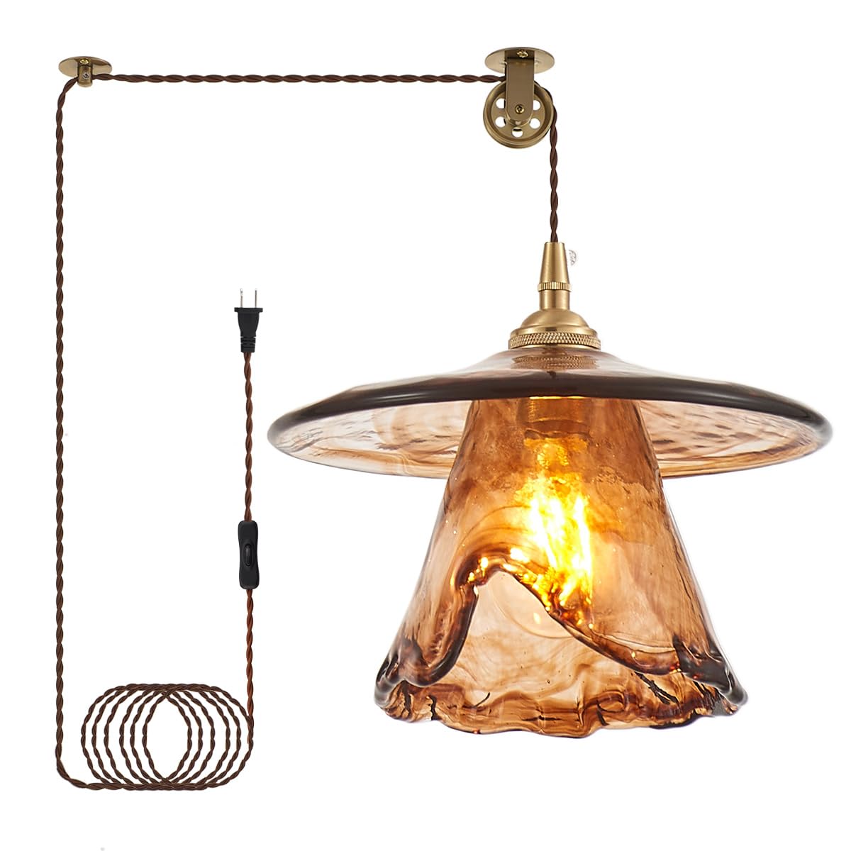 YLONG-ZS Vintage Glass Hanging Pendant Light Plug in  Modern Gold Brass Pulley Hanging Ceiling Pendant Lights for Kitchen Island Dining Room Living Room Bedroom Corner  Hotel