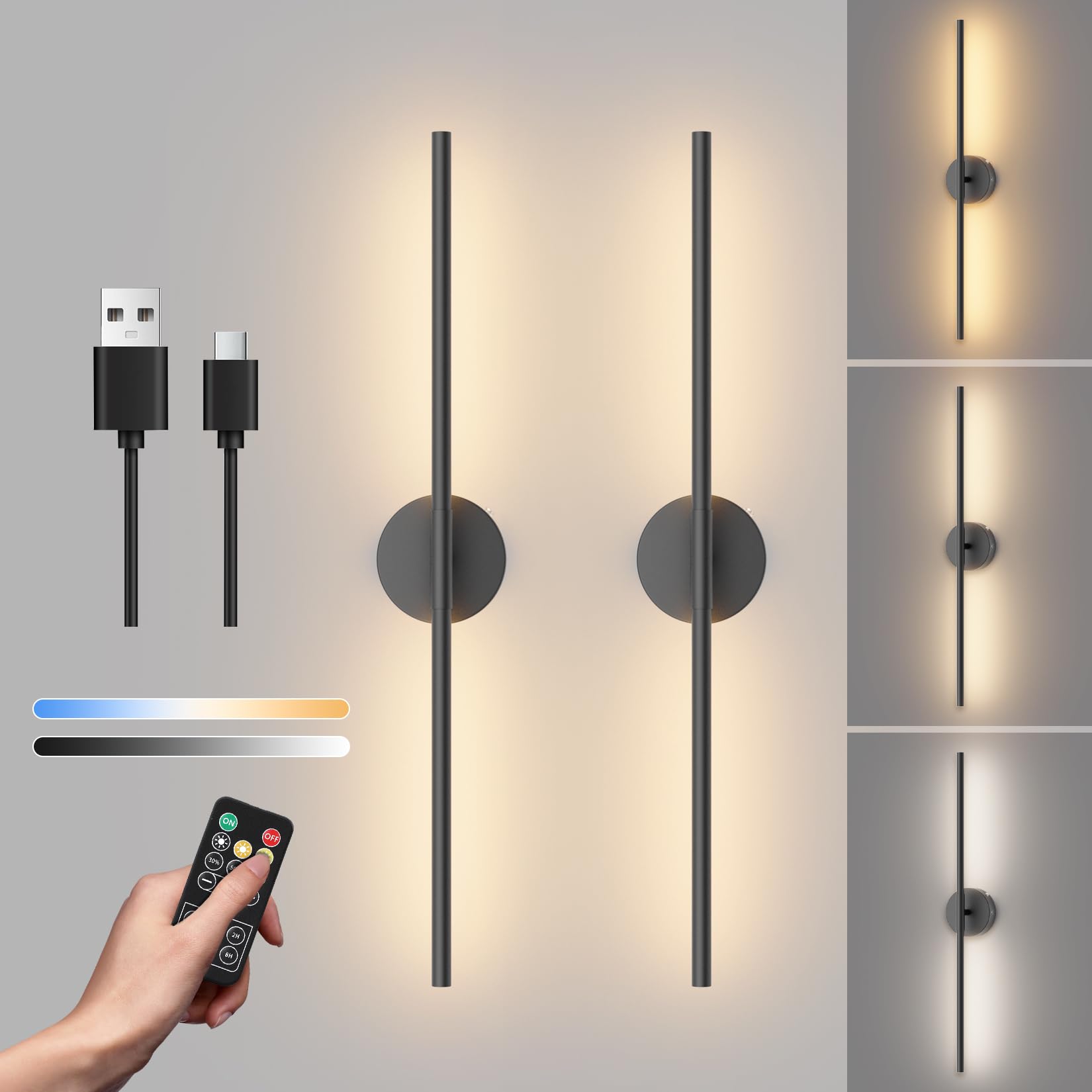 Tipace Battery Operated Wall Sconce Set of 2, 3000K-6000K LED, 28 Inch, Black, Model GW9825, 350° Rotate