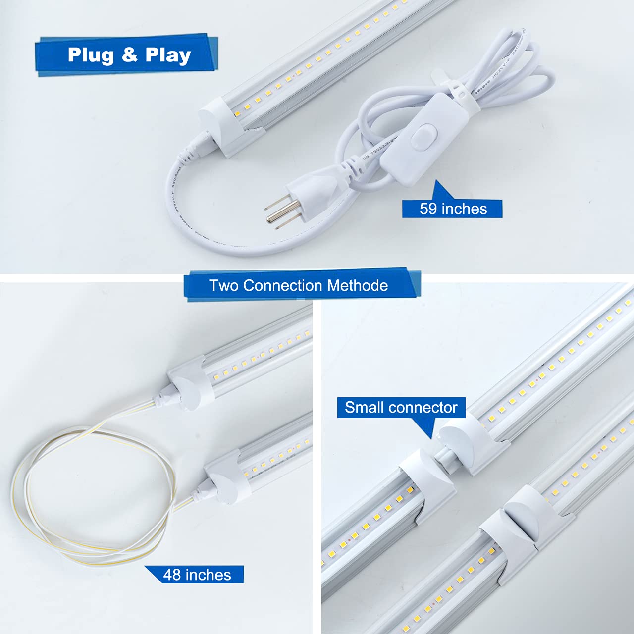 Wahadi (Pack Of 8 4Ft T8 Led Integrated Tube Light Fixture 24W Bright White 6000K 4 Foot Shop Single Strip Connectable Bulb Clea