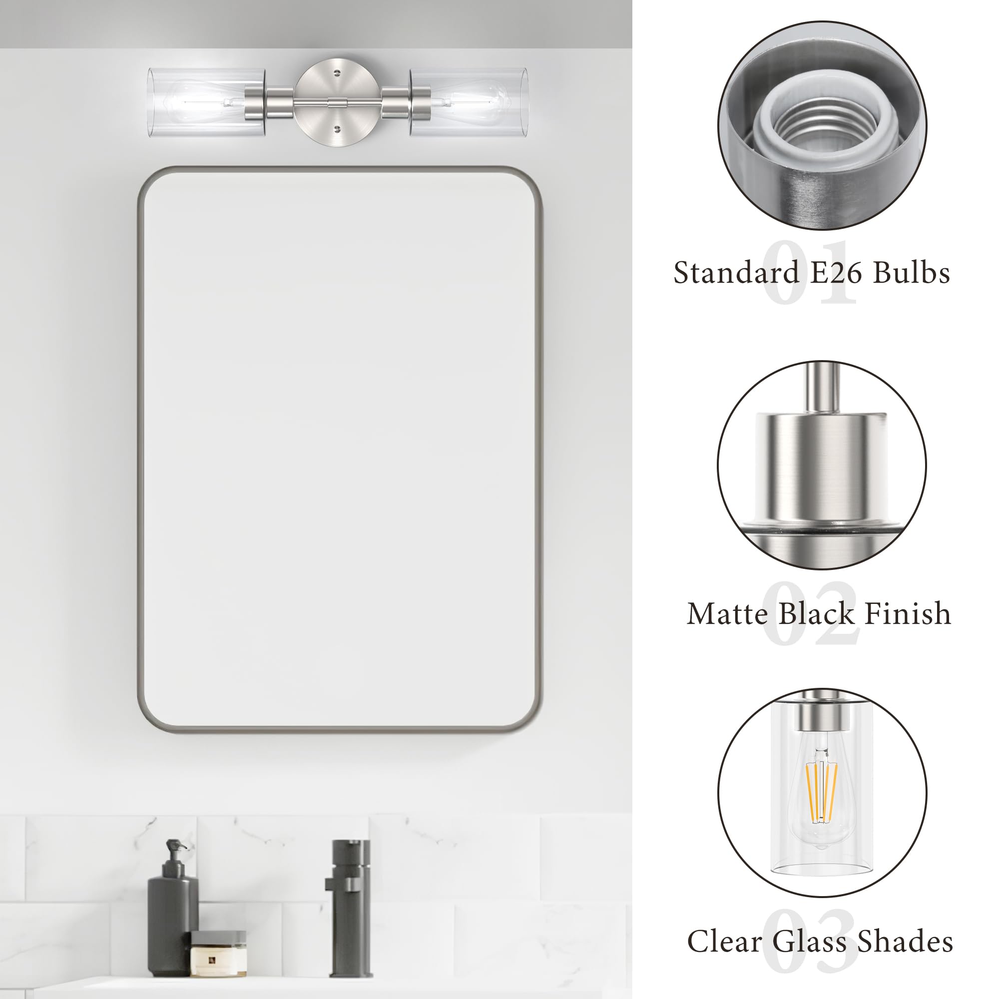 Espird Bathroom Light Fixtures 2 Light Brushed Nickle  Bathroom Vanity Lights Over Mirror  Bathroom Sconces Wall Lighting Farmhouse Vanity Light  Modern Vanity Lights With Clear Shades