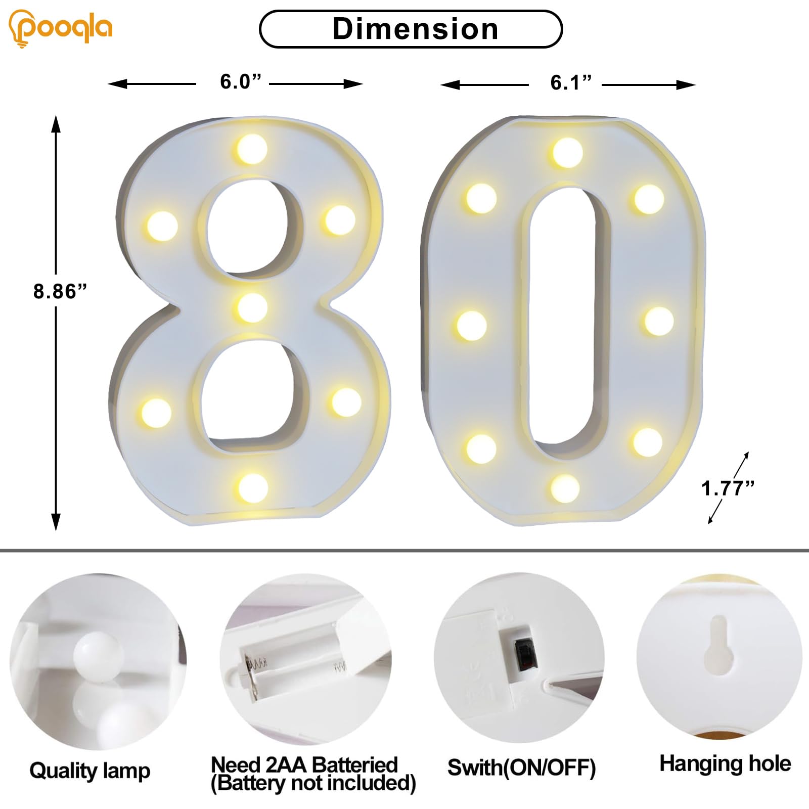 Pooqla Decorative Led Light Up Number Letters, White Plastic Marquee Number Lights Sign For 80Th Birthday Party Wedding Decor Battery Operated Number (80)