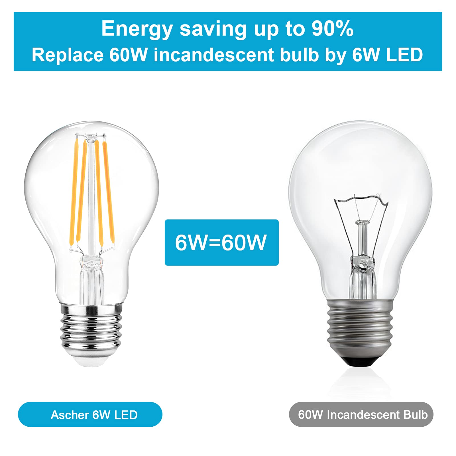 Ascher LED Filament Light Bulbs, 60W Equivalent, Warm White 2700K, Glass, 6-Pack
