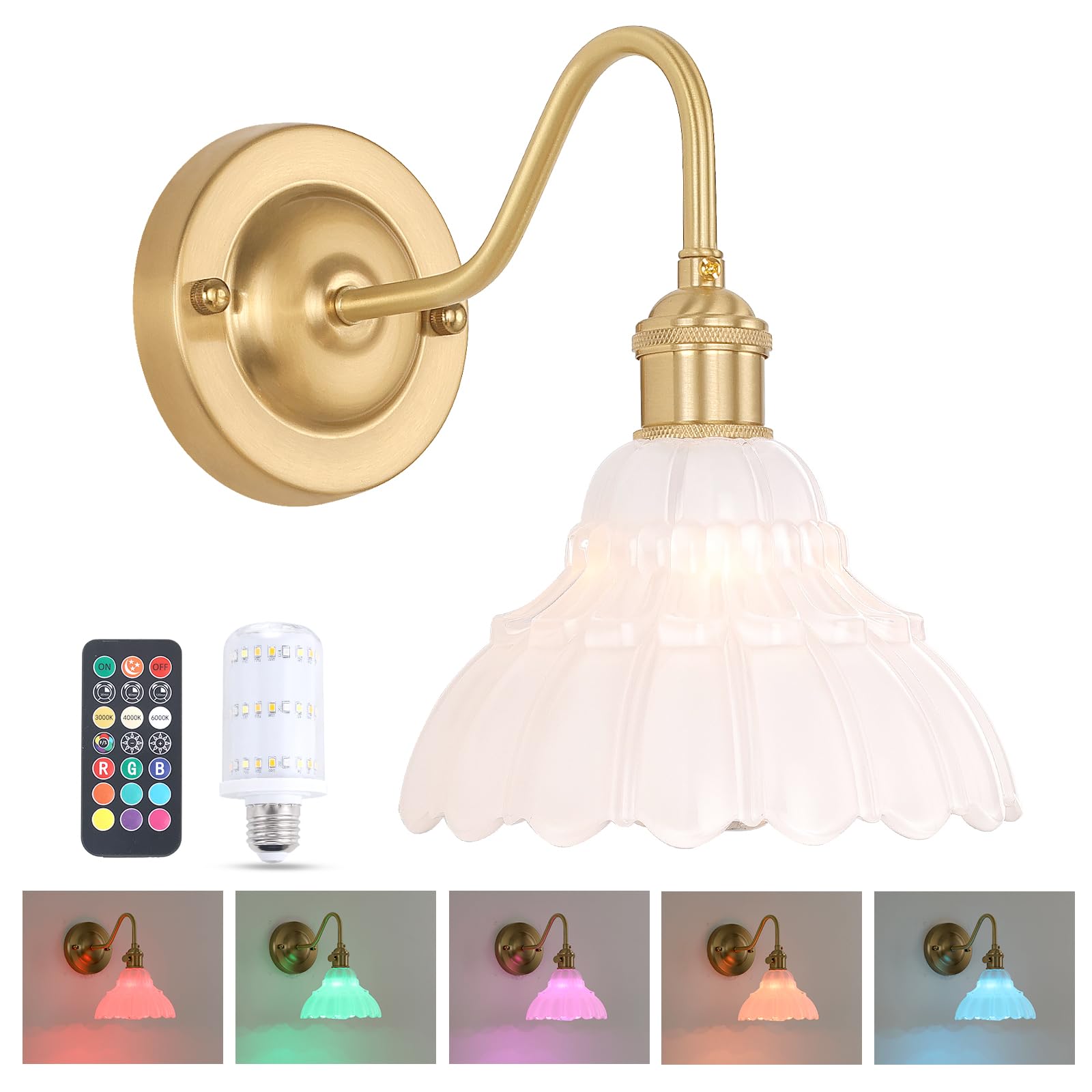Shenmoyl Battery Operated Wall Sconce  Vintage Rechargeable Wall Lights with White Lily Glass Shade  Wireless Indoor Wall Lamp for Bedroom Living Room Bathroom Hallway