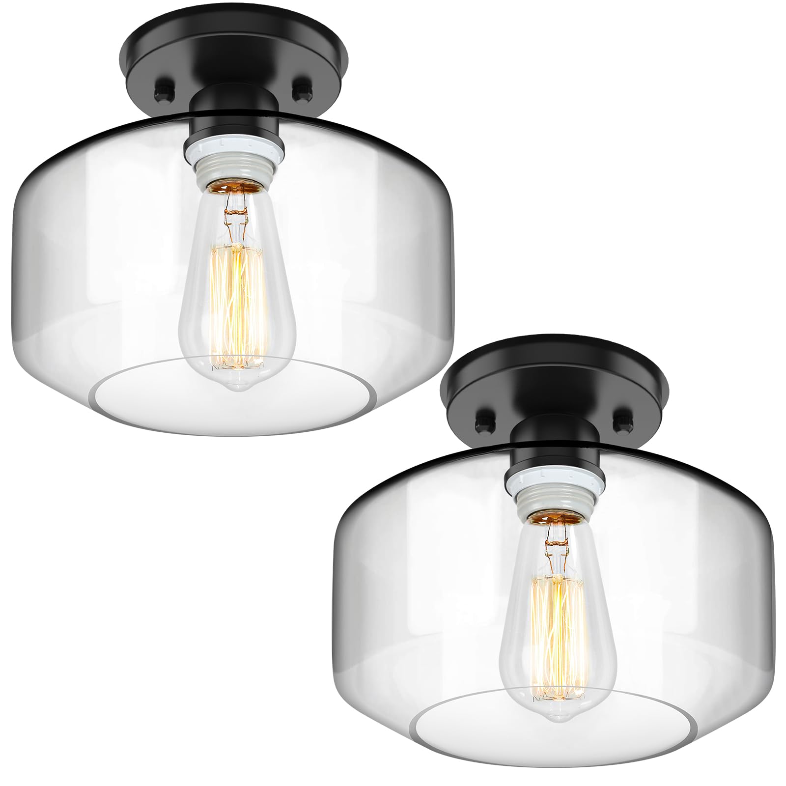 TOBUSA Semi Flush Mount Ceiling Light 2 Pack, Industrial Ceiling Light Fixture with Clear Glass Pendant Lamp Shade, Farmhouse Ha