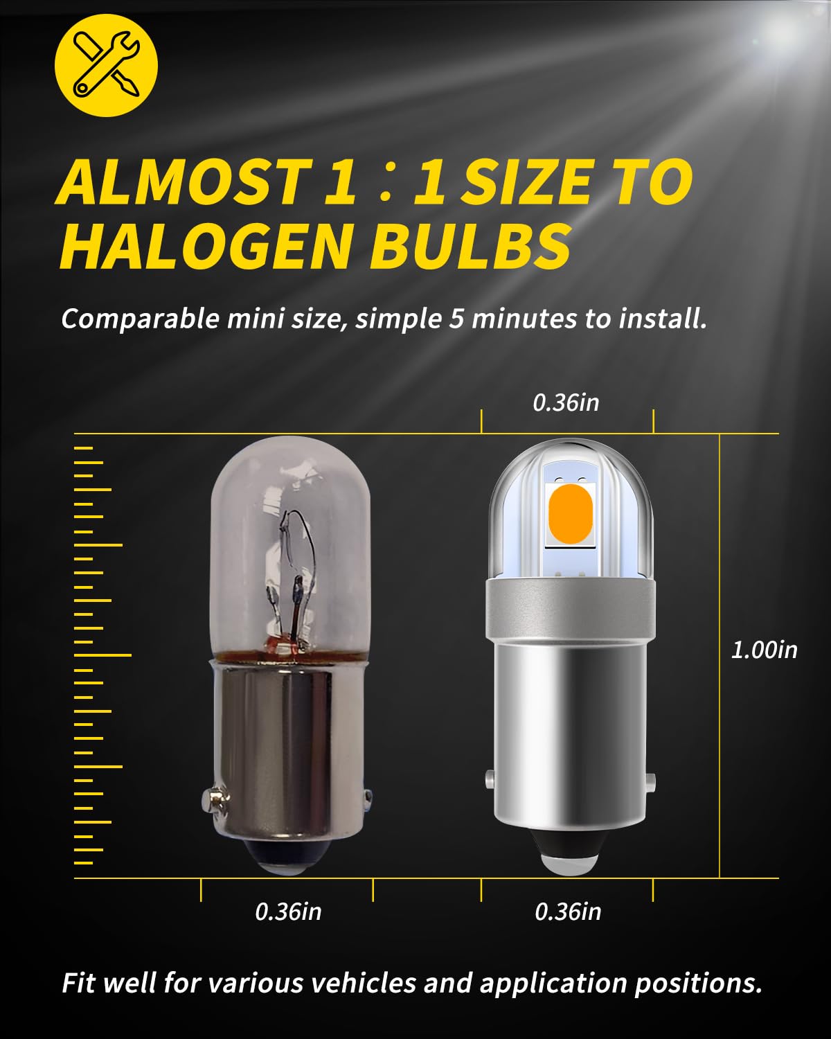AUXLIGHT BA9S LED Bulb, 3030-SMD, Amber Yellow, Pack of 10, Model AUX-BA9S-2SMD-10A, Error Free for