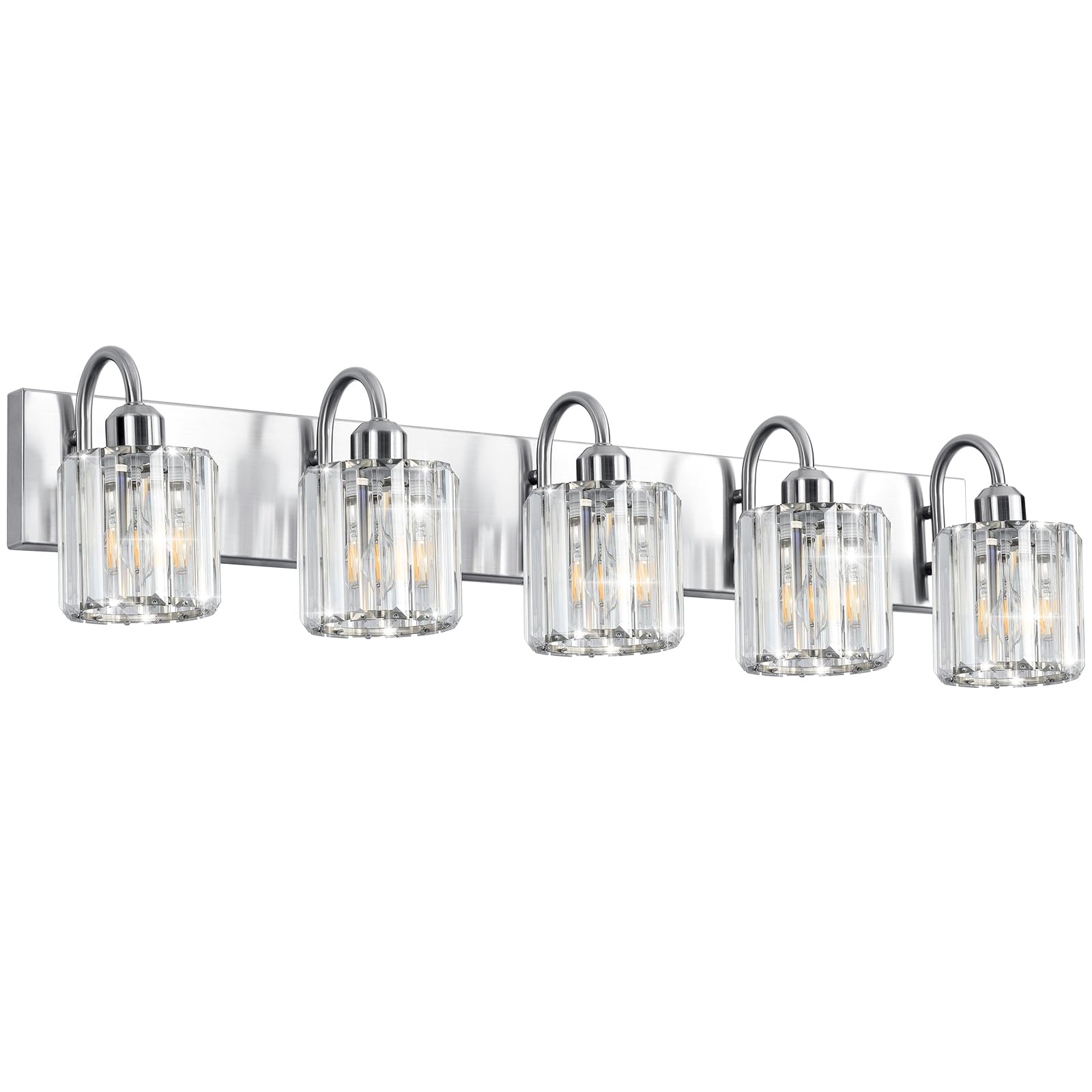 Valytime 5 Light Bathroom Vanity Light, Brushed Nickel, Stainless Steel and Crystal, Over Mirror Fixture