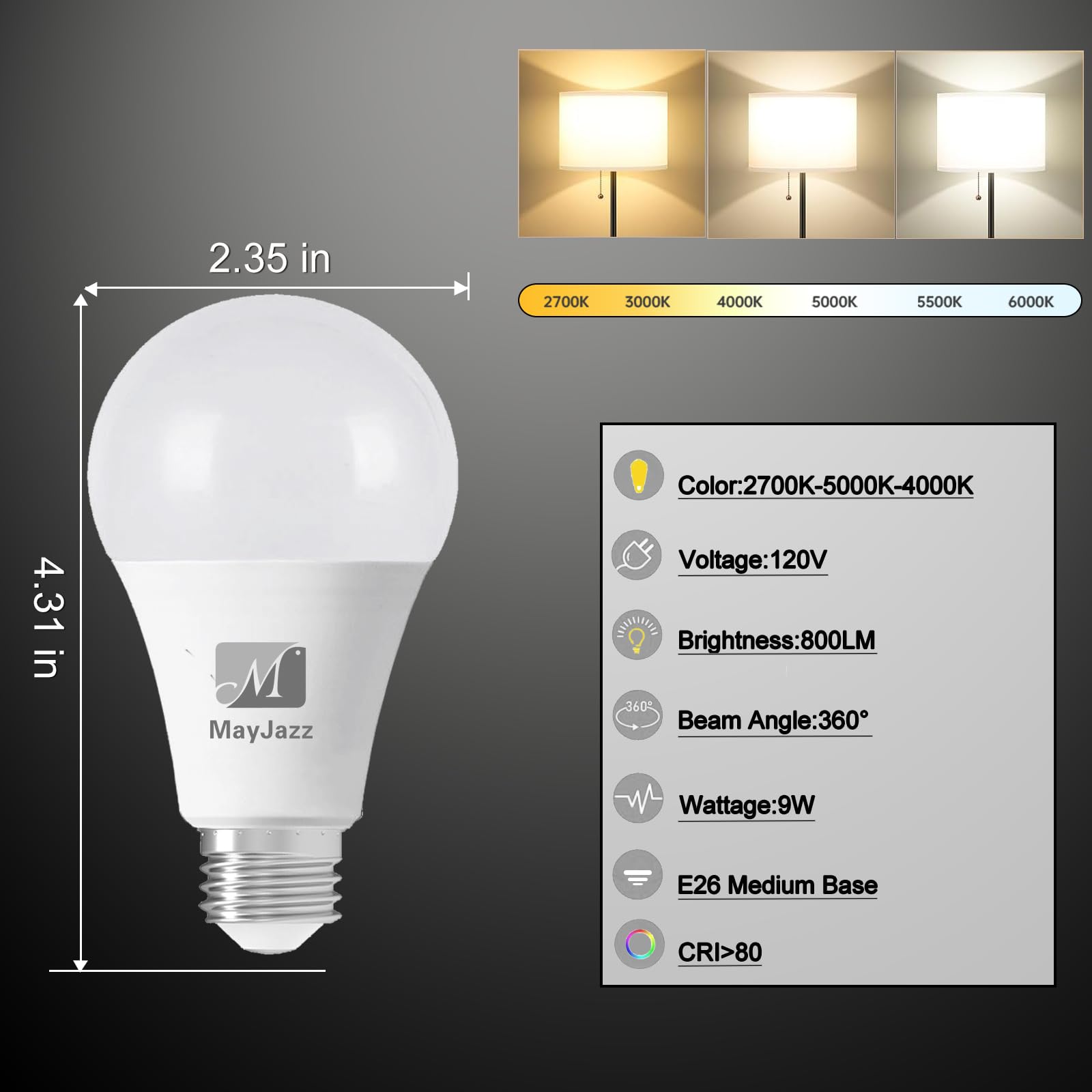 M MayJazz LED Light Bulb A19 3CCT Color Changing 9W (60W Equivalent) 2 Pack, 2700K-5000K, Energy Saving, E26