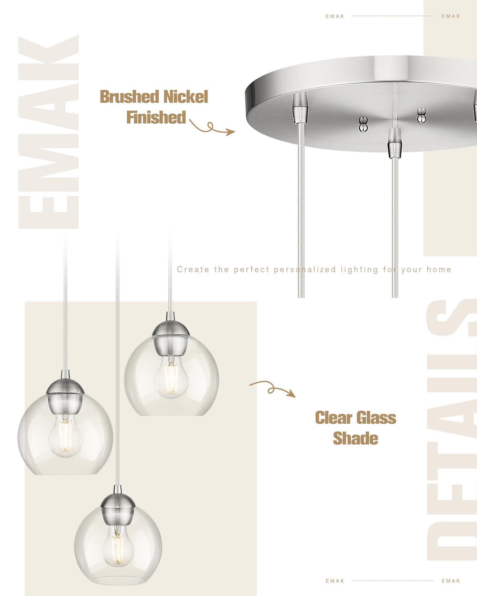 Emak Brushed Nickel Pendant Light, 3-Light Pendant Lights Kitchen Island With Clear Glass Shade, Cluster Globe Hanging Light Fix
