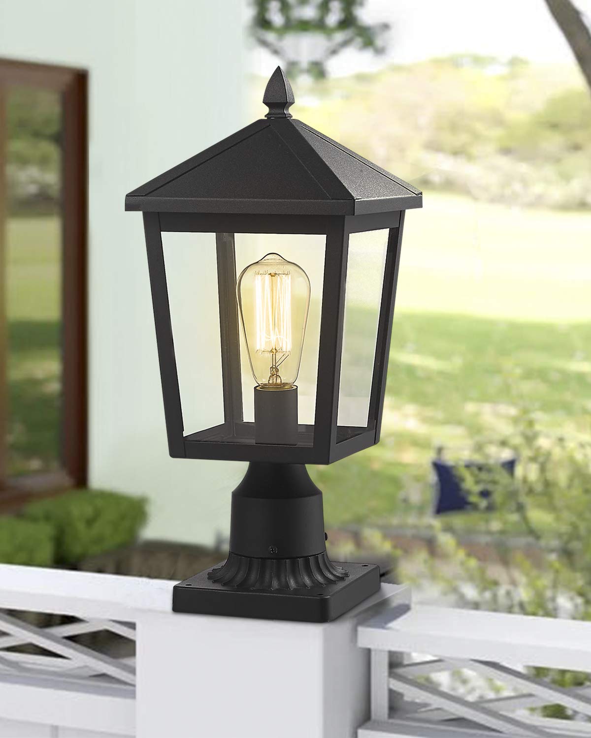 zeyu Outdoor Post Light - 16 Inch Black Metal Lantern with Clear Glass Shade, Large - 1 Pack, Model 20076P